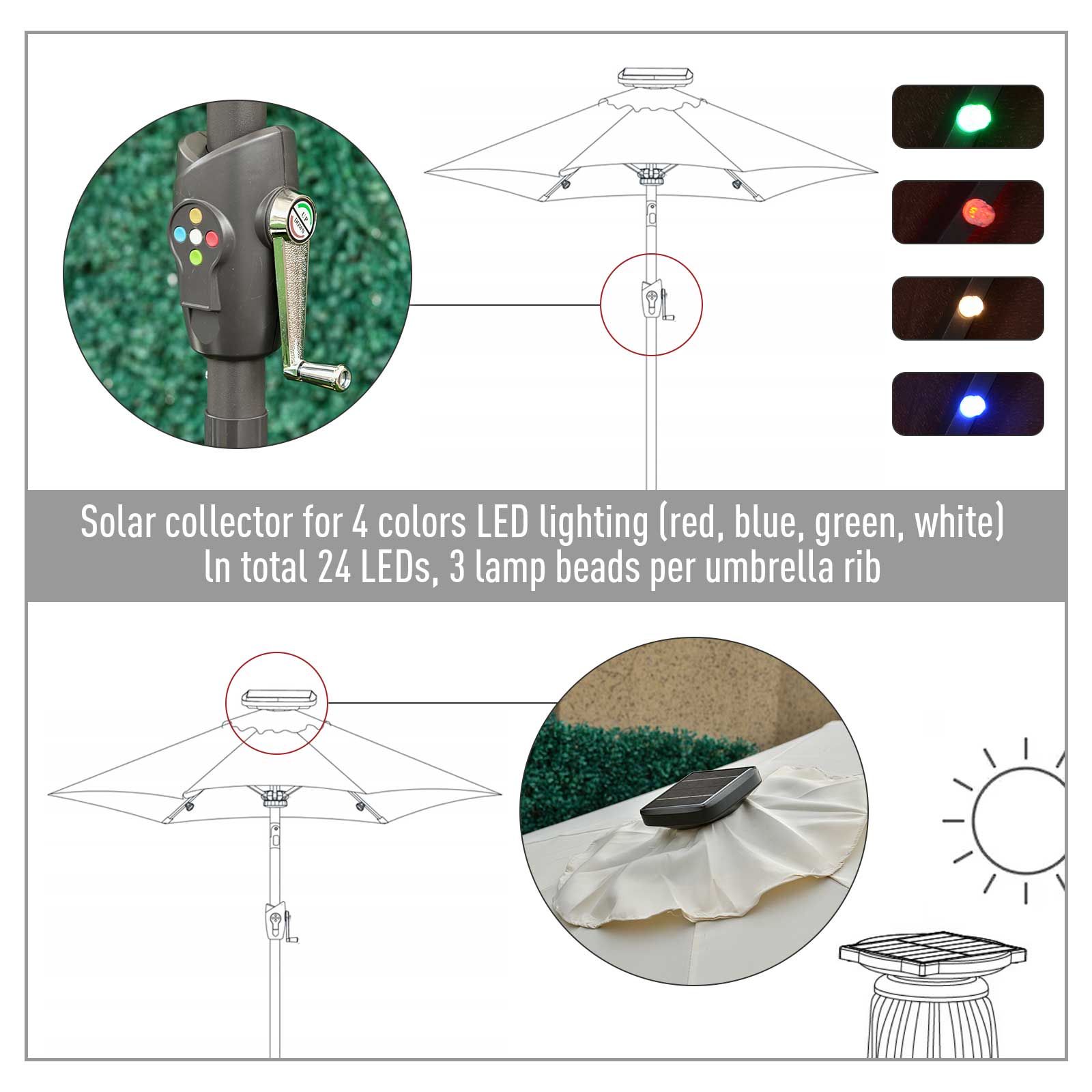Outsunny Φ2.7m Garden 24 LED Light Parasol Solar Outdoor Tilt Sun Umbrella Patio Club Party Event Manual Sun Shade w/ Hand Crank and 8 Ribs, Off-white