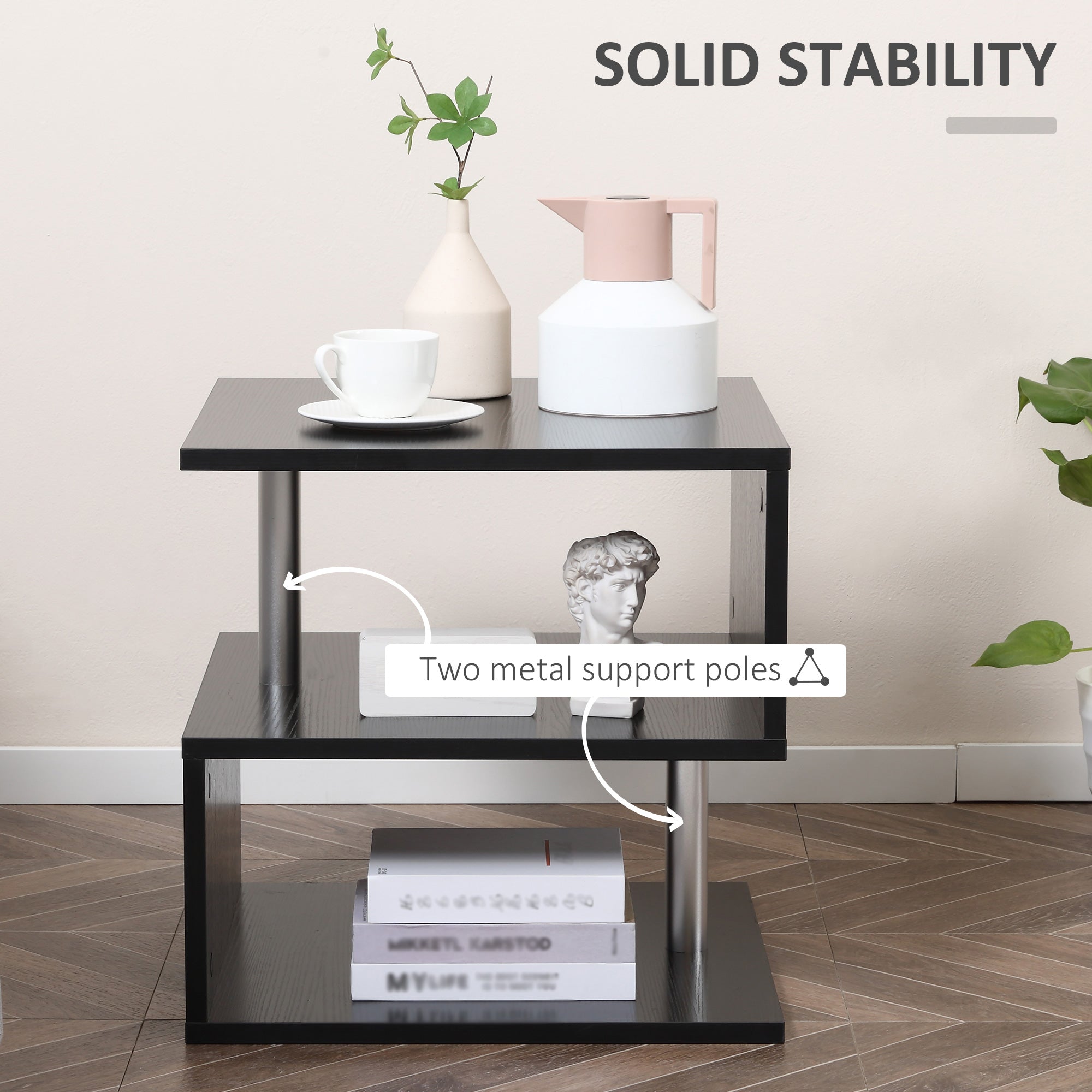 HOMCOM Wooden S Shape Cube Coffee Table 2 Tier Storage Shelves Organiser Office Bookcase Living Room End Desk Stand Display Set of 2 (Black)