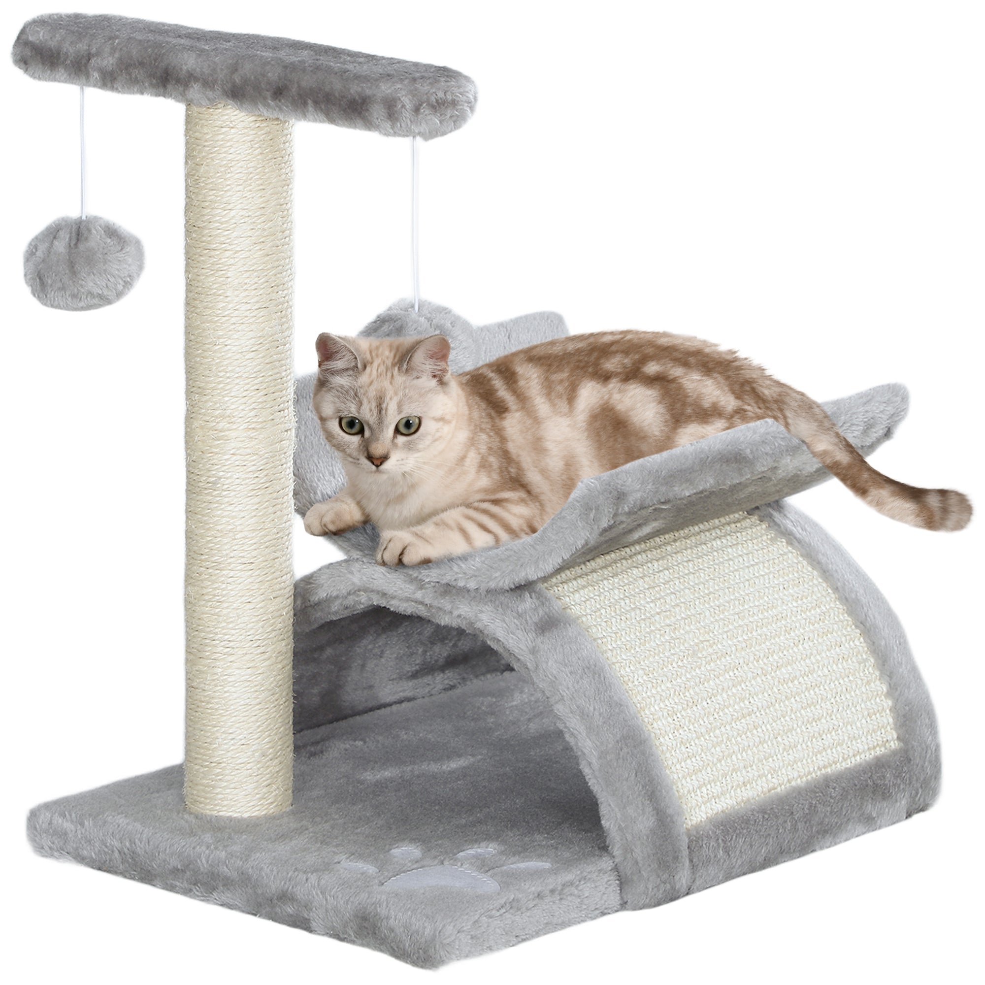 PawHut Cat Tree, Cat Tower for Kittens, Small Cat Condo with Rotatable Top Bar, Sisal Scratching Post, Tunnel, Dangling Balls - Grey