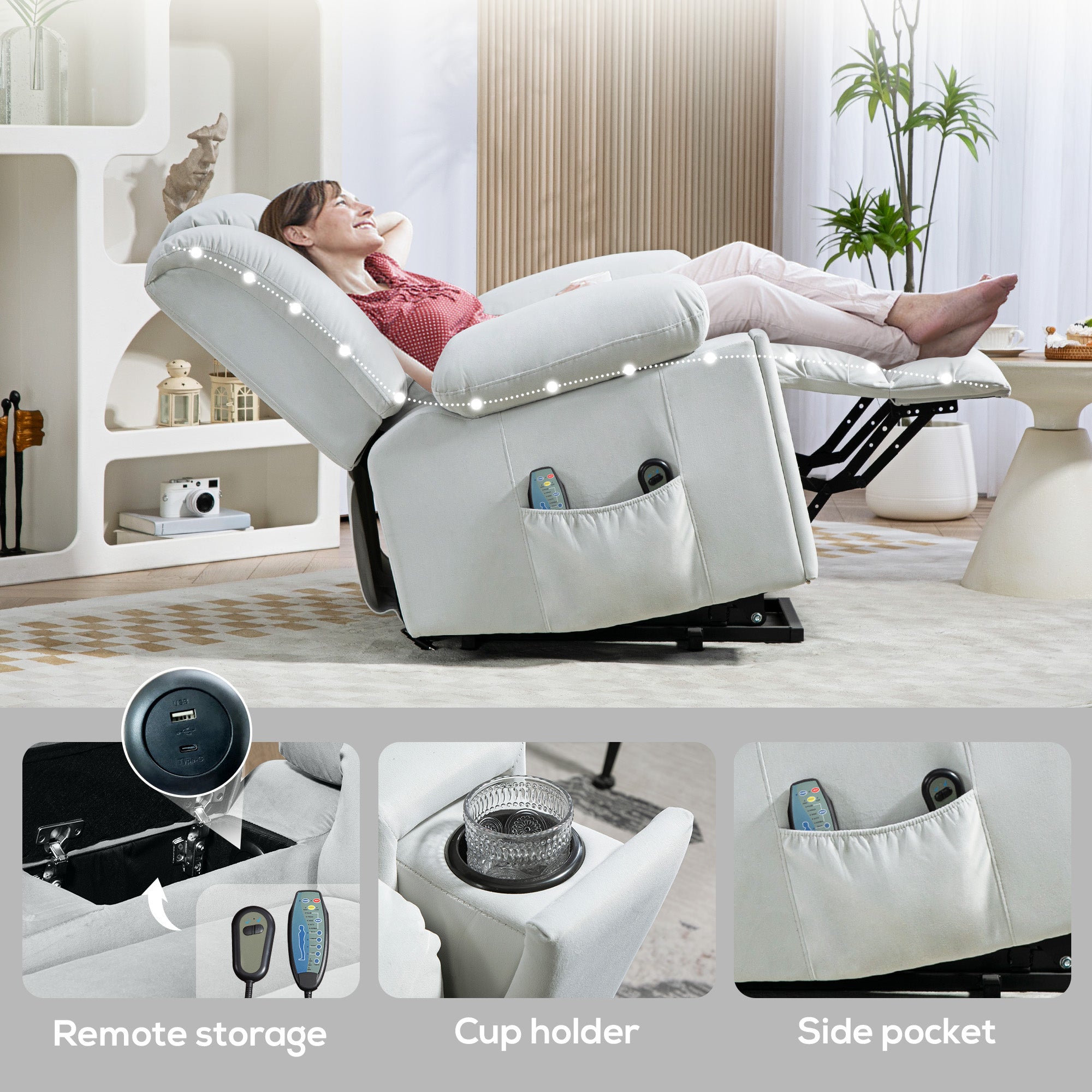 HOMCOM Velvet-Feel Electric Riser, Recliner and Massage Armchair - Light Grey