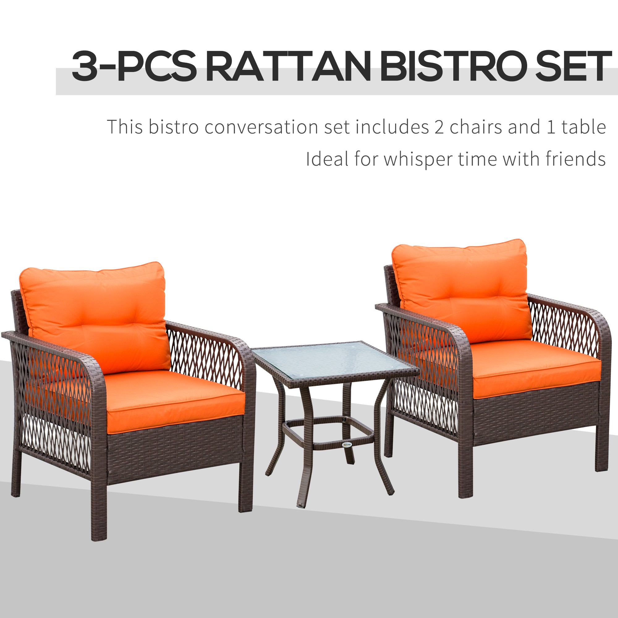 Outsunny 3 Pieces Rattan Bistro Set with Glass Top Coffee Table, Chairs and Cushions for Outdoor, Patio, Balcony, Orange