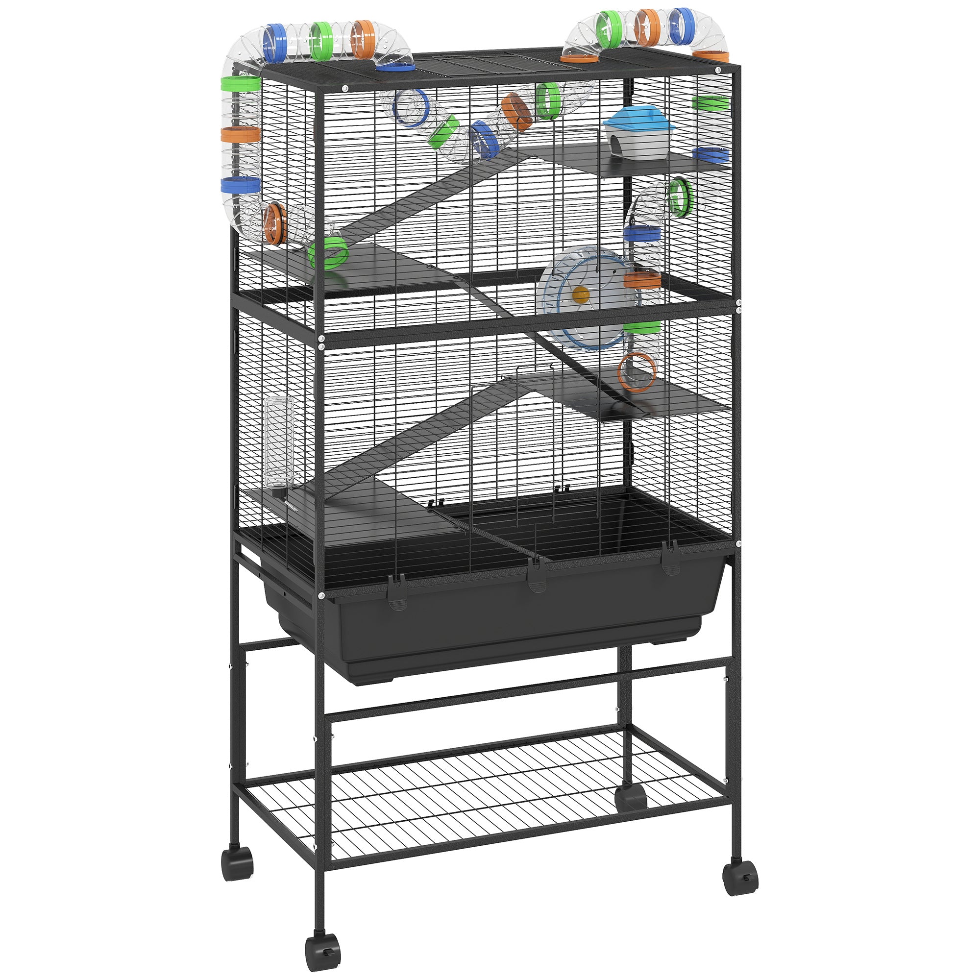 PawHut 5 Tier Large Hamster Cage on Wheels with 17 cm Deep Tray, Storage Shelf for Syrian, Gerbil, Rats