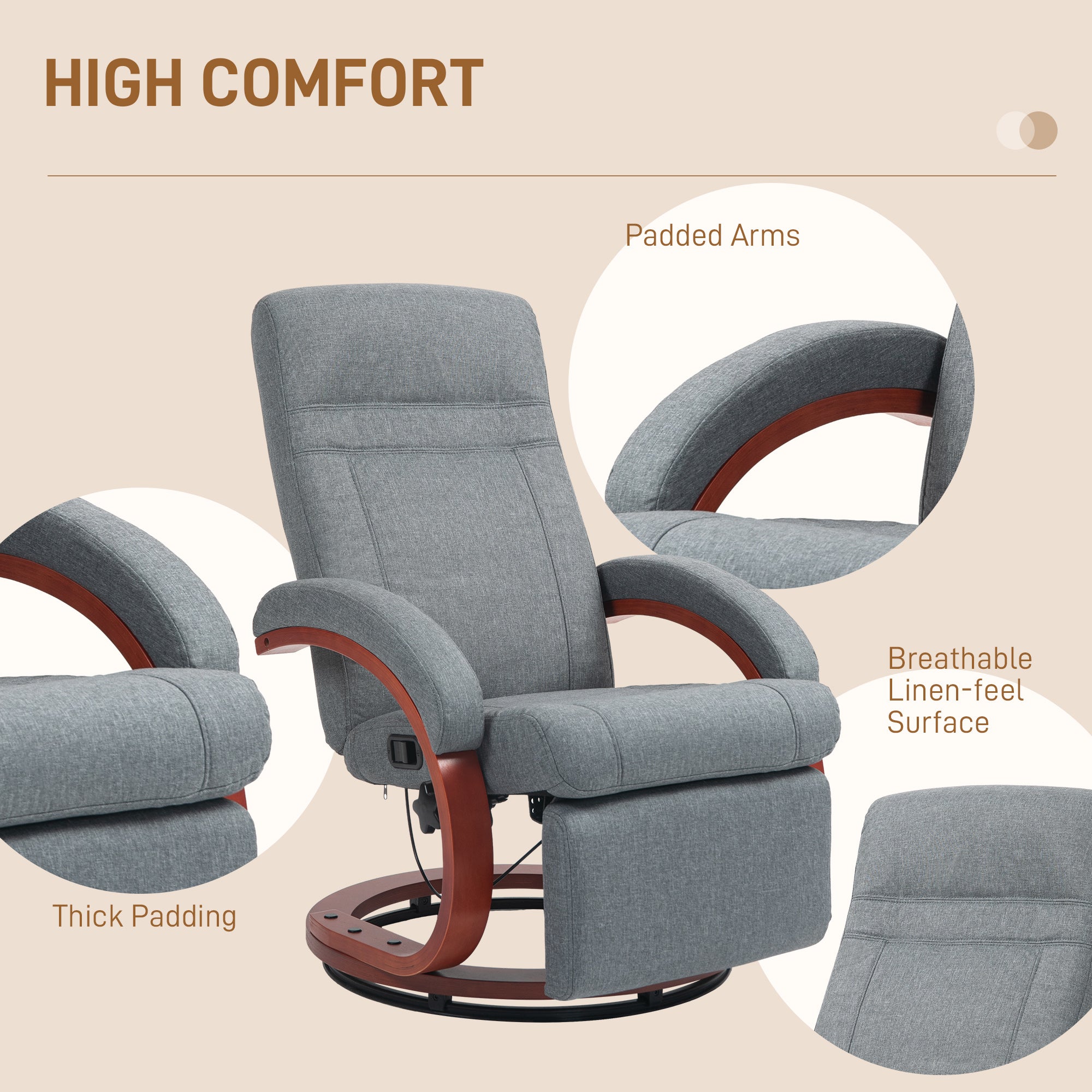 HOMCOM 135\'c2\'b0 Manual Reclining Swivel Chair, with Footrest - Grey