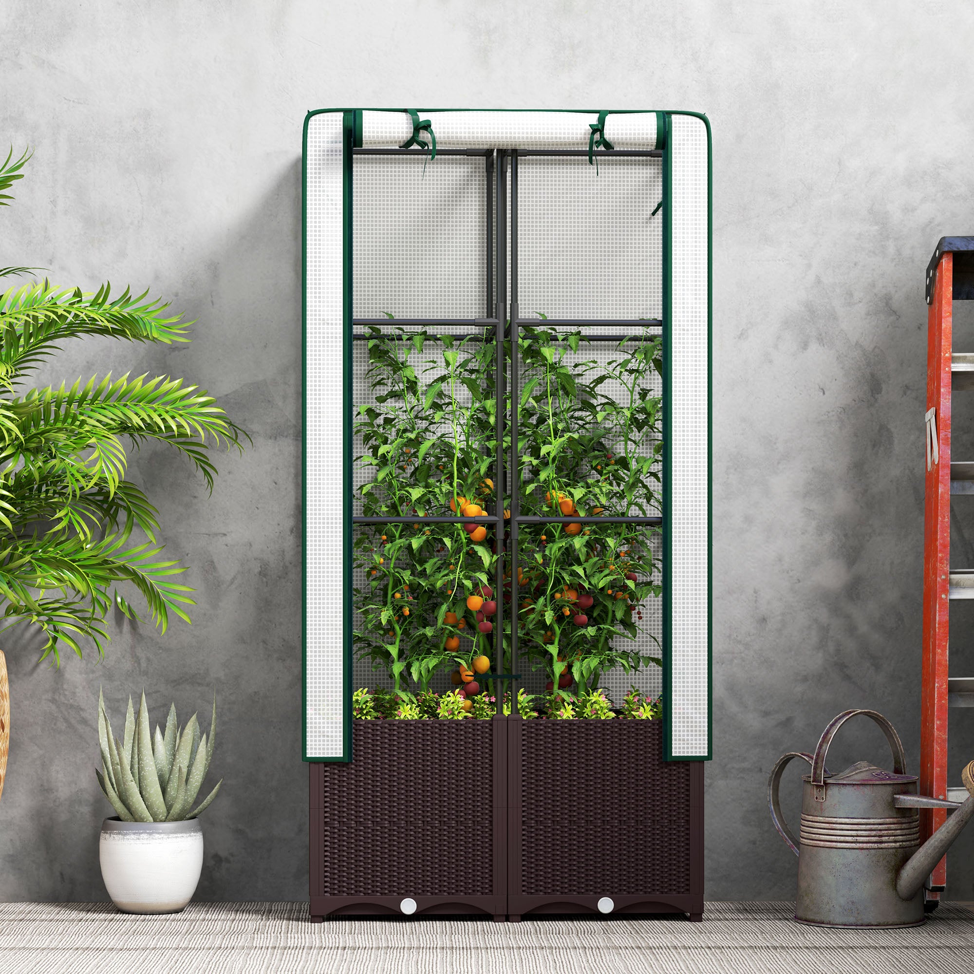 Outsunny Raised Garden Bed with Trellis, Plastic Planter Box with Drainage Holes and Drain Plugs for Climbing Plants, Vegetables, Flowers, 80 x 40 x 140 cm