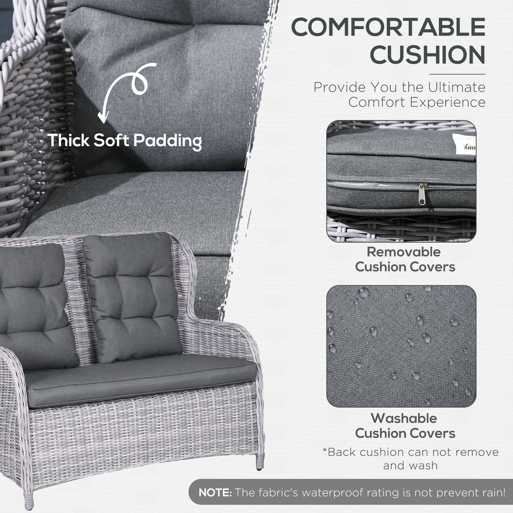 Outsunny Garden PE Rattan Dining Sofa Set, Outdoor 4 Seater Wicker Furniture, High Back Chairs with Cushions, Tempered Glass Coffee Table for Patio, Mixed Grey