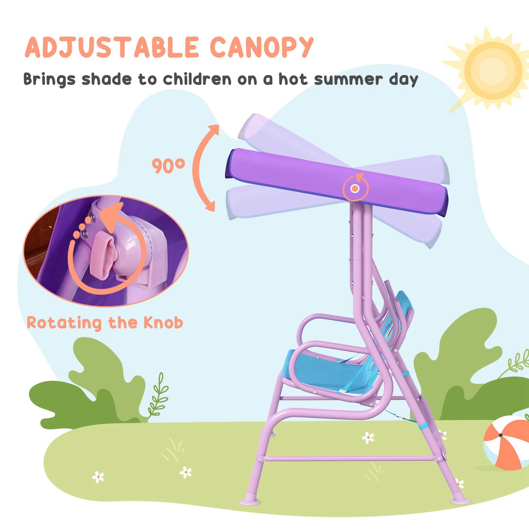 Outsunny Two Seater Kids Garden Swing, Fairy Themed kids Swing Chair with Adjustable Canopy, Safety Belts for Outdoor Use