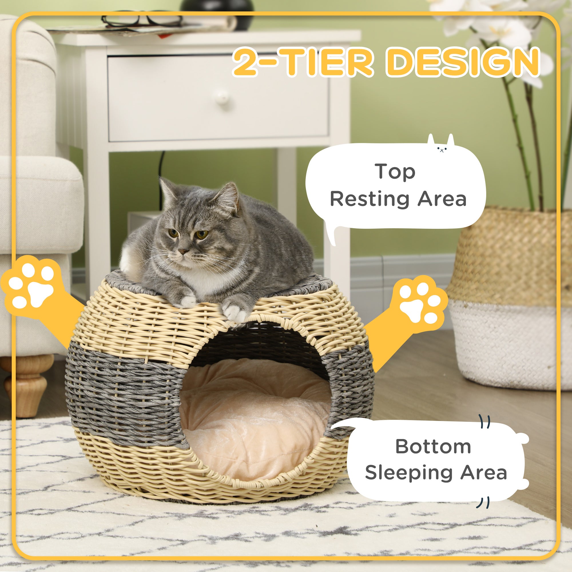 PawHut Wicker Cat House, Rattan Raised Cat Bed, Cosy Kitten Cave with Soft Washable Cushion, \'ce\'a640 x 30cm