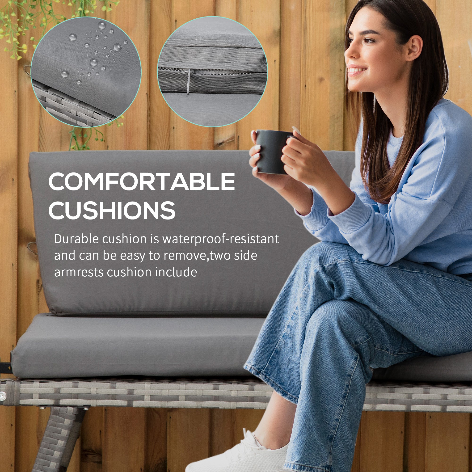 Outsunny 2 Seater Rattan Sofa with Cushions, 2-in-1 PE Rattan Daybed Sofa with Left Up or Down Armrests, Garden Chaise Lounger Loveseat for Outdoor, Patio, Mixed Grey