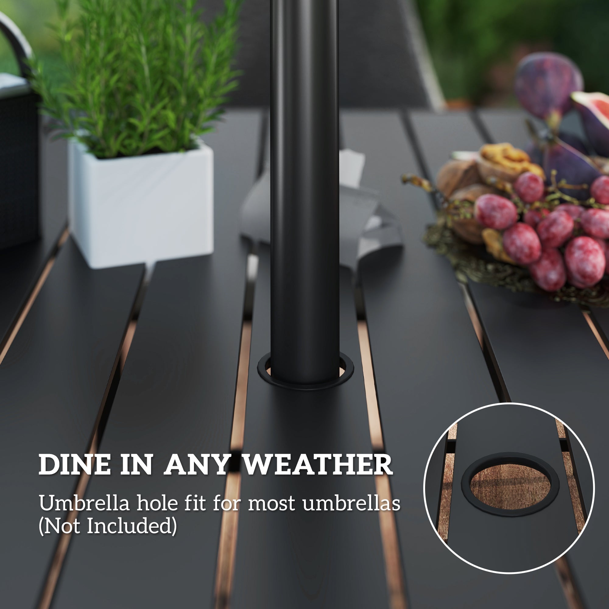 Outsunny 6 Seater Rattan Dining Set with Cushions, Garden Furniture Set with Armchairs, Rectangle Slatted Table Top, Steel Frame, Parasol Hole, Wicker Outdoor Furniture for Patio, Balcony, Cream White