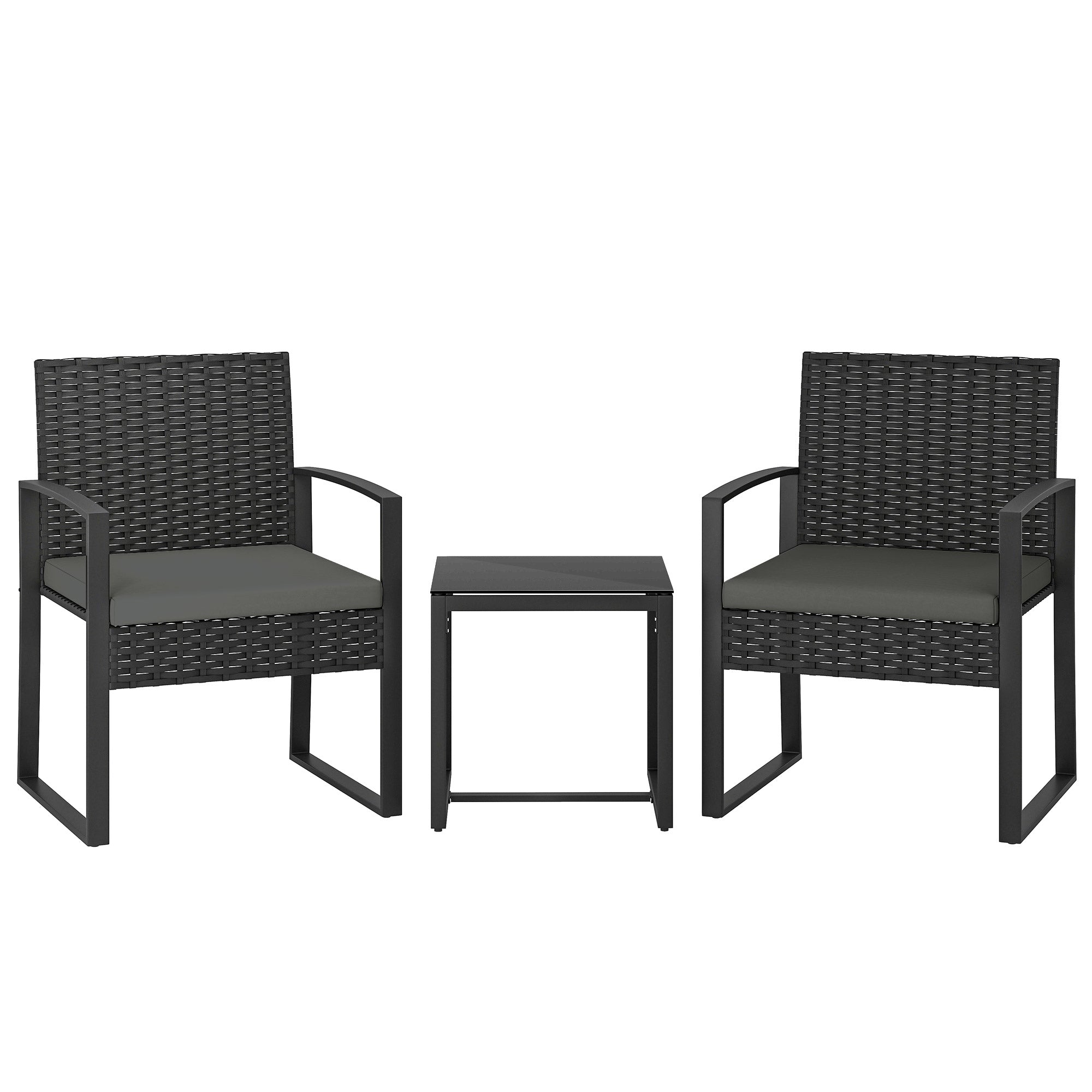 Outsunny Rattan Bistro Set, 3 Piece Garden Furniture Set with Glass Top Table and Cushions, Dark Grey