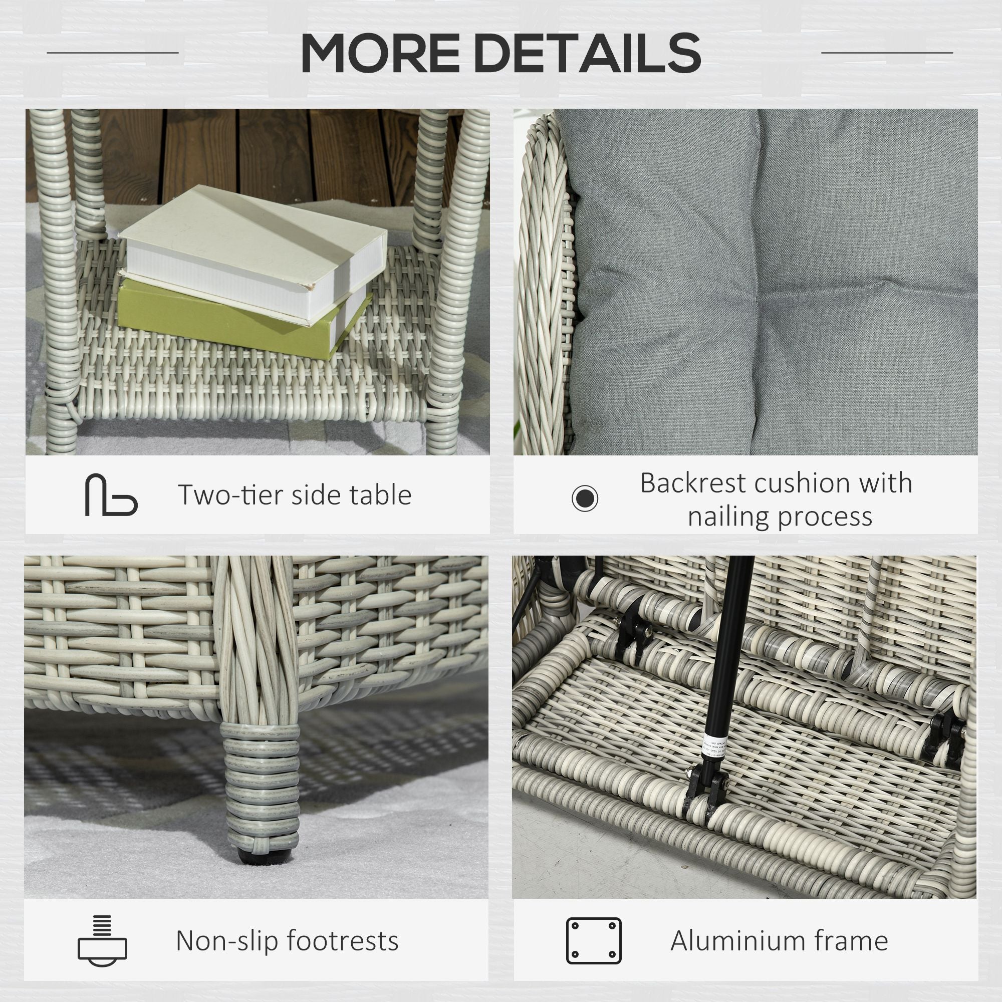 Outsunny 5 Pieces Rattan Bistro Set with Adjustable Back, Reclining Wicker Balcony Furniture with Cushions, Glass Top Coffee Table and Footstools, Outdoor Table and Chairs, Grey