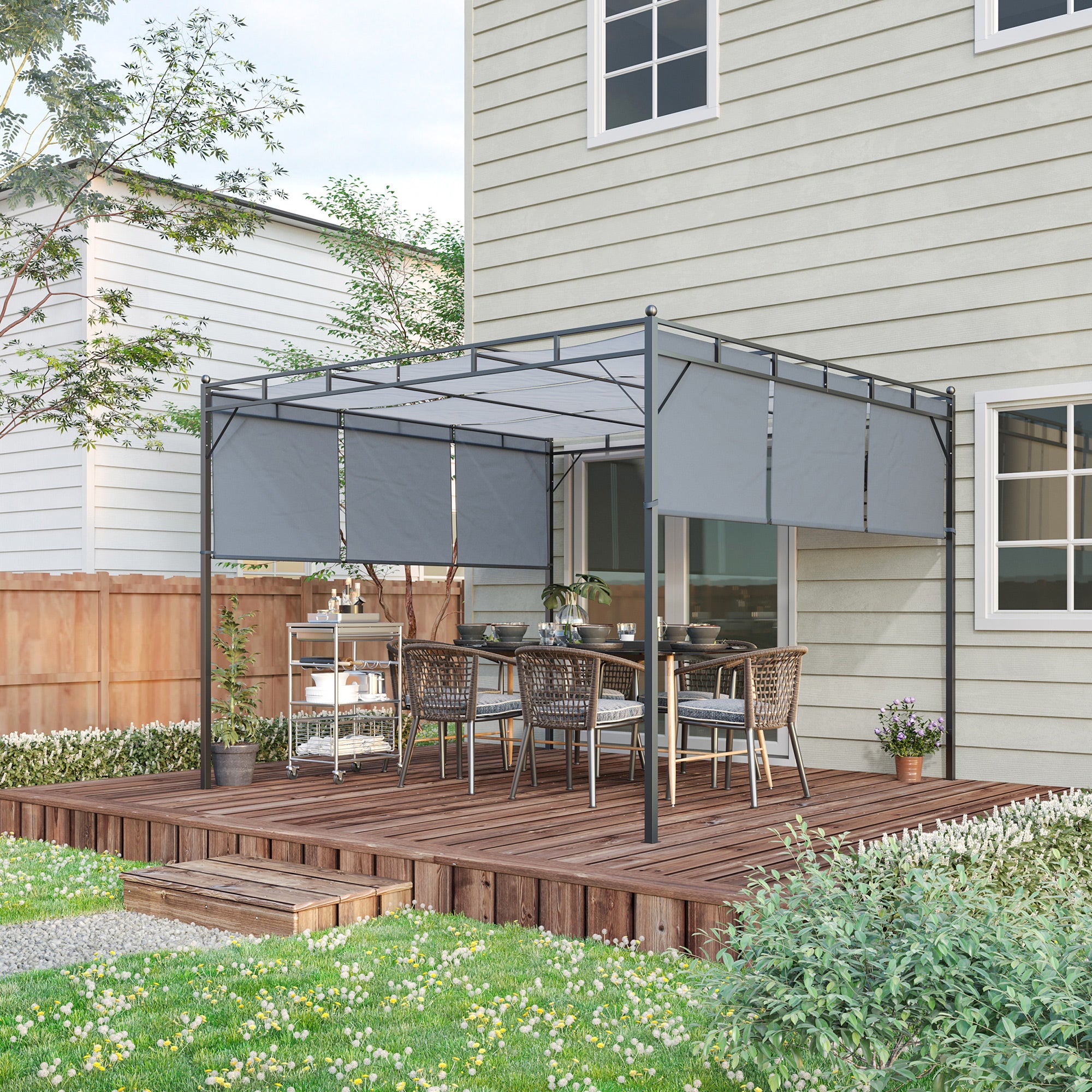 Outsunny 3 x 3(m) Steel Pergola Gazebo with Retractable Roof, Garden Gazebo Canopy Sun Shade Shelter for Outdoor, Deck, Patio, Dark Grey