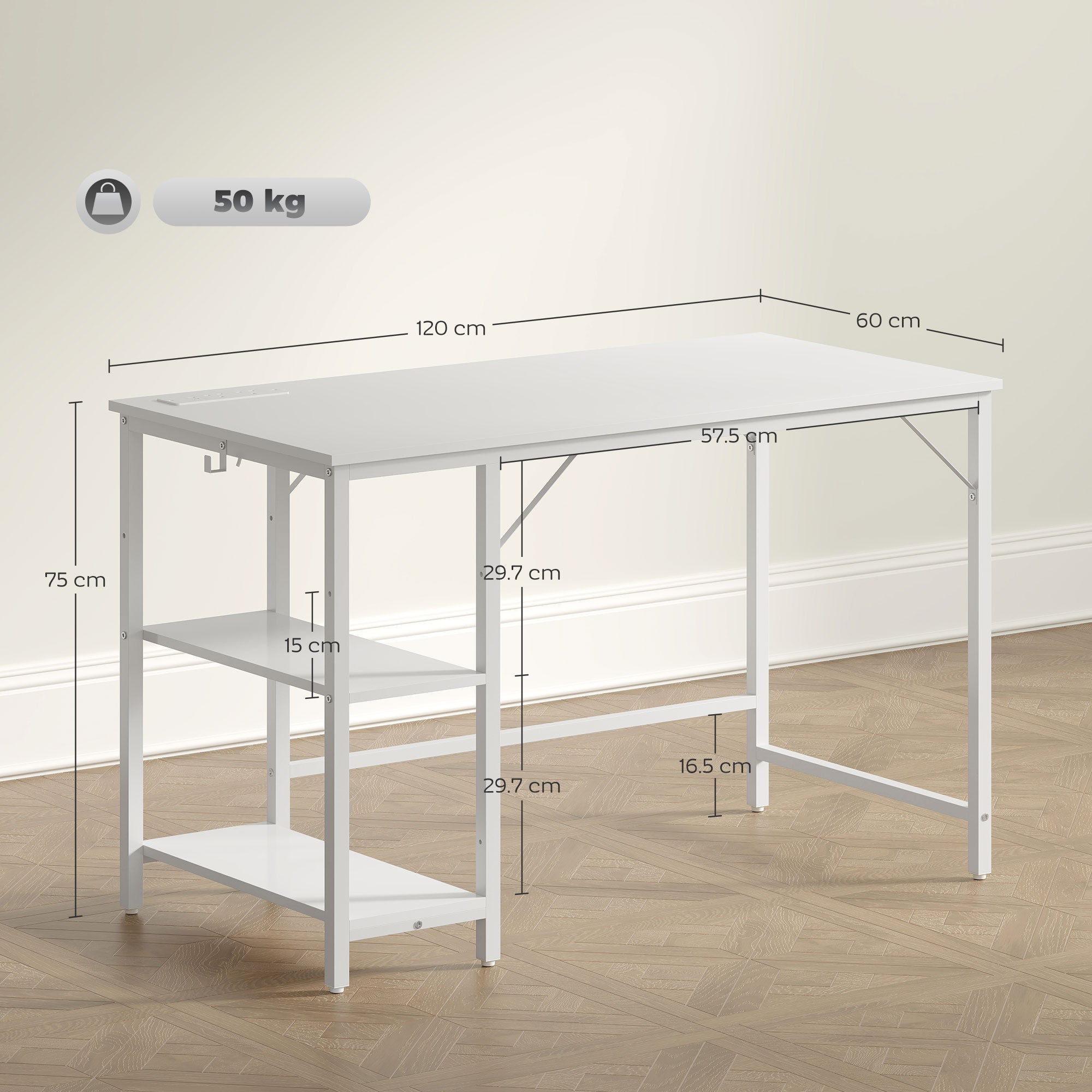 HOMCOM 120 x 60 cm Computer Desk with Power Outlets and Reversible Shelves - White