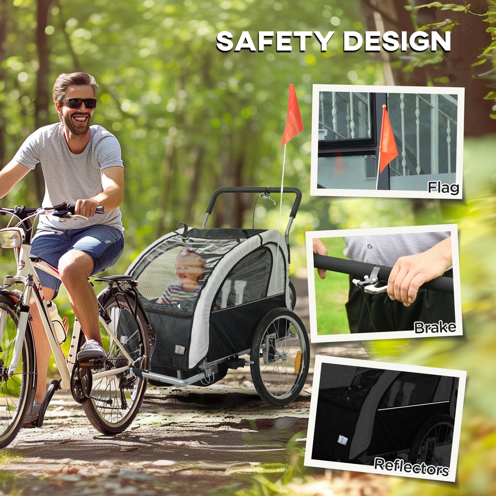 HOMCOM 2 Seat Bike Trailer with 5 Point Harness, Baby Bike Stroller with Safety Flag, Reflectors, for 18+ Months, Black