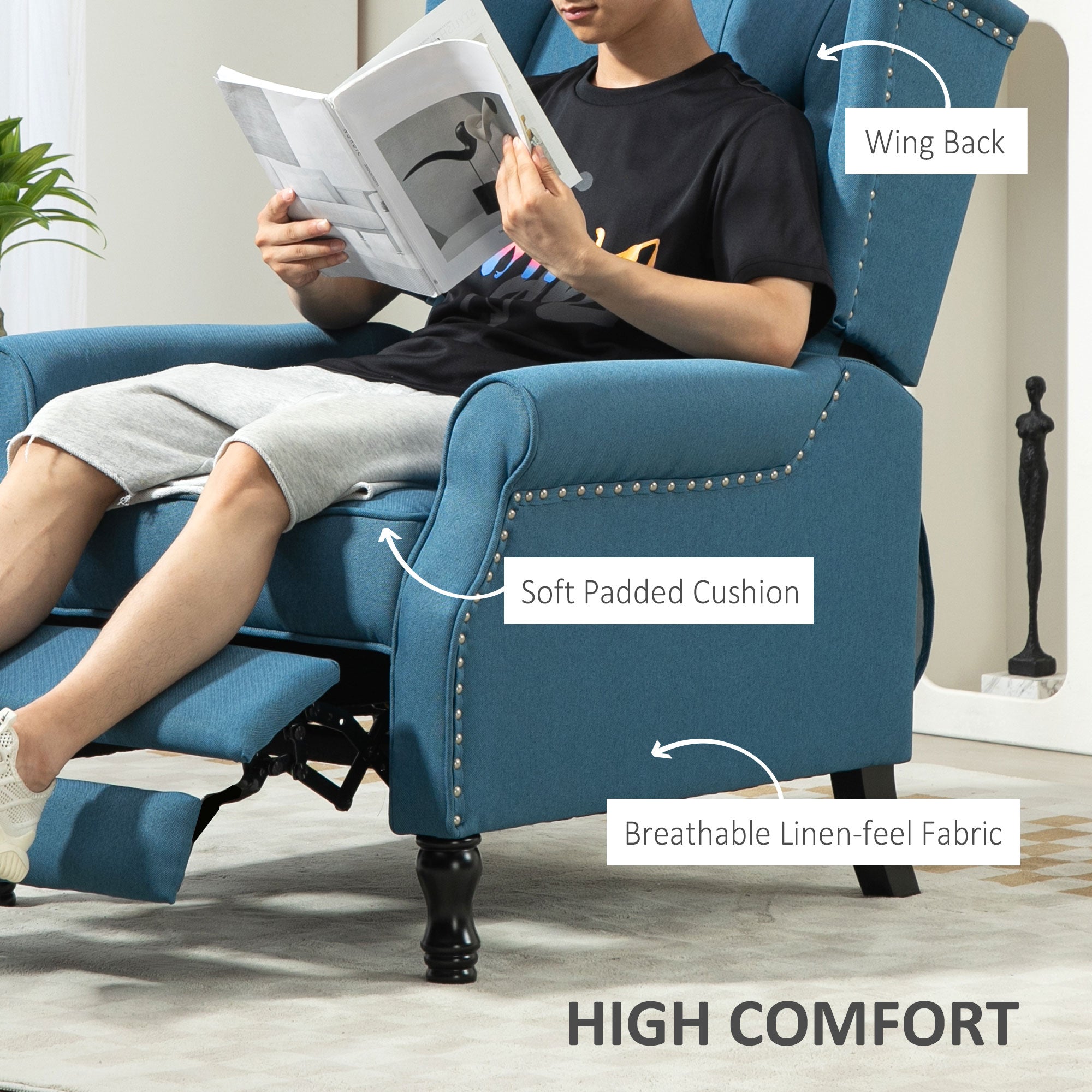 HOMCOM 150\'c2\'b0 Reclining Vintage Armchair, with footrest - Blue