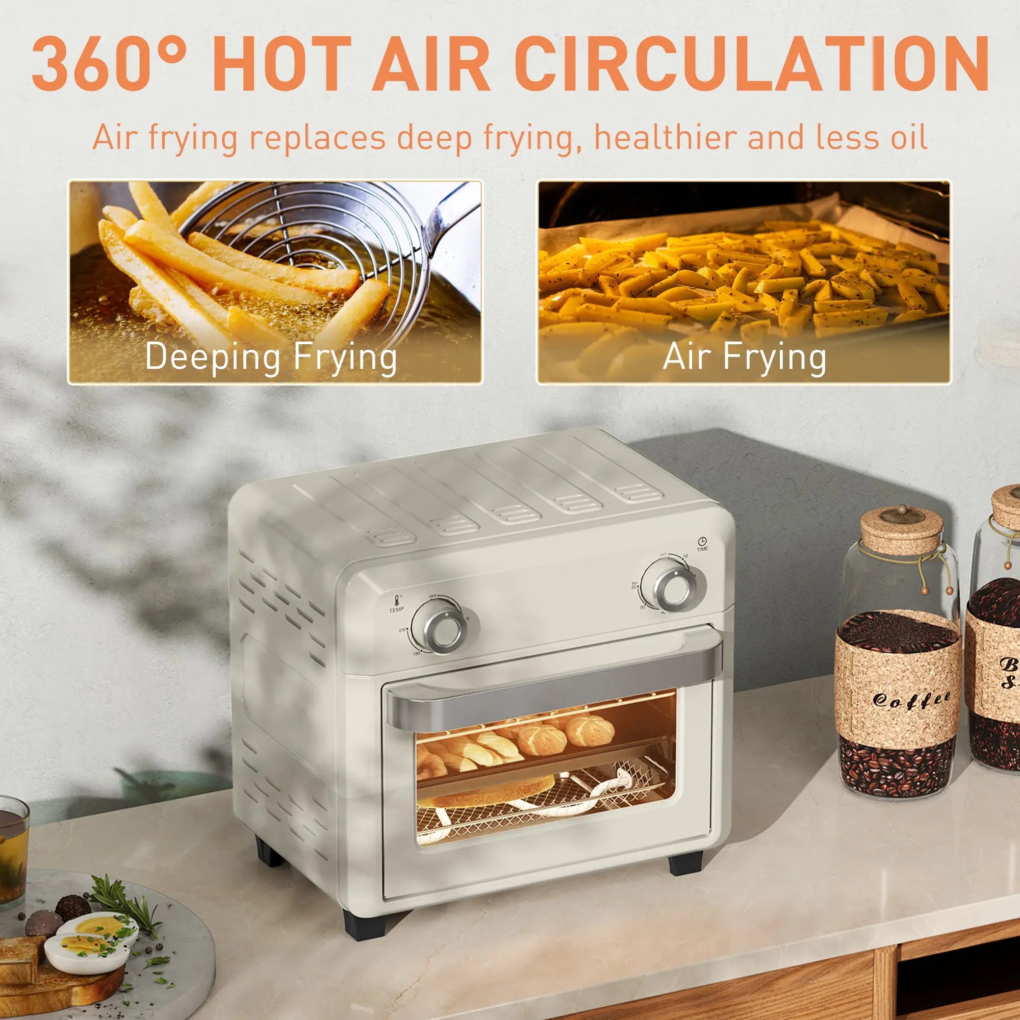 HOMCOM 10L Air Fryer Oven, Mini Oven, Oil Free Cooking, Grill, Roast, Bake, with Adjustable Temperature, Timer, Dishwasher Safe, 1000W, Cream White