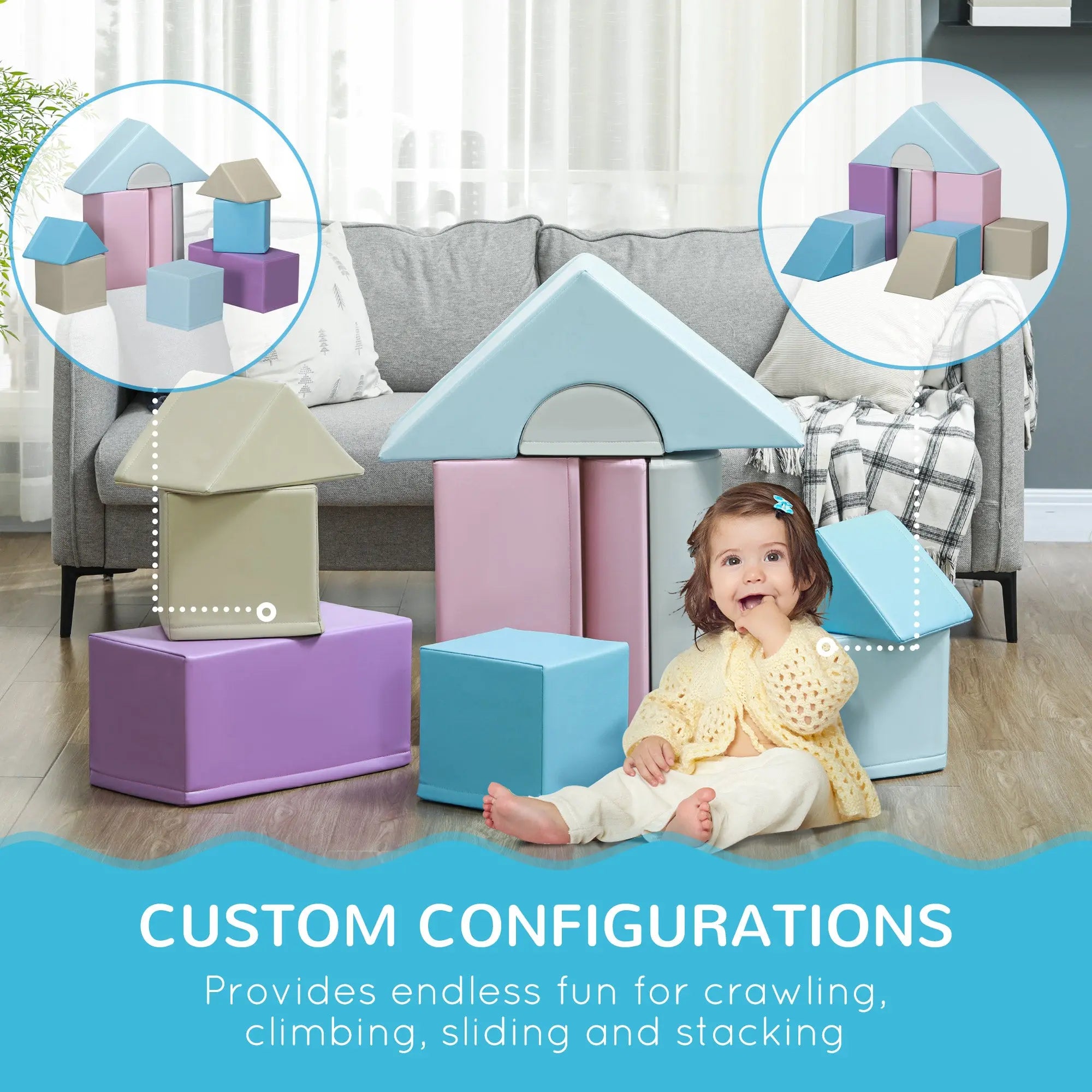 HOMCOM 11-Piece Soft Play Set Kids Foam Blocks, Toys for Climb and Crawl, Blue