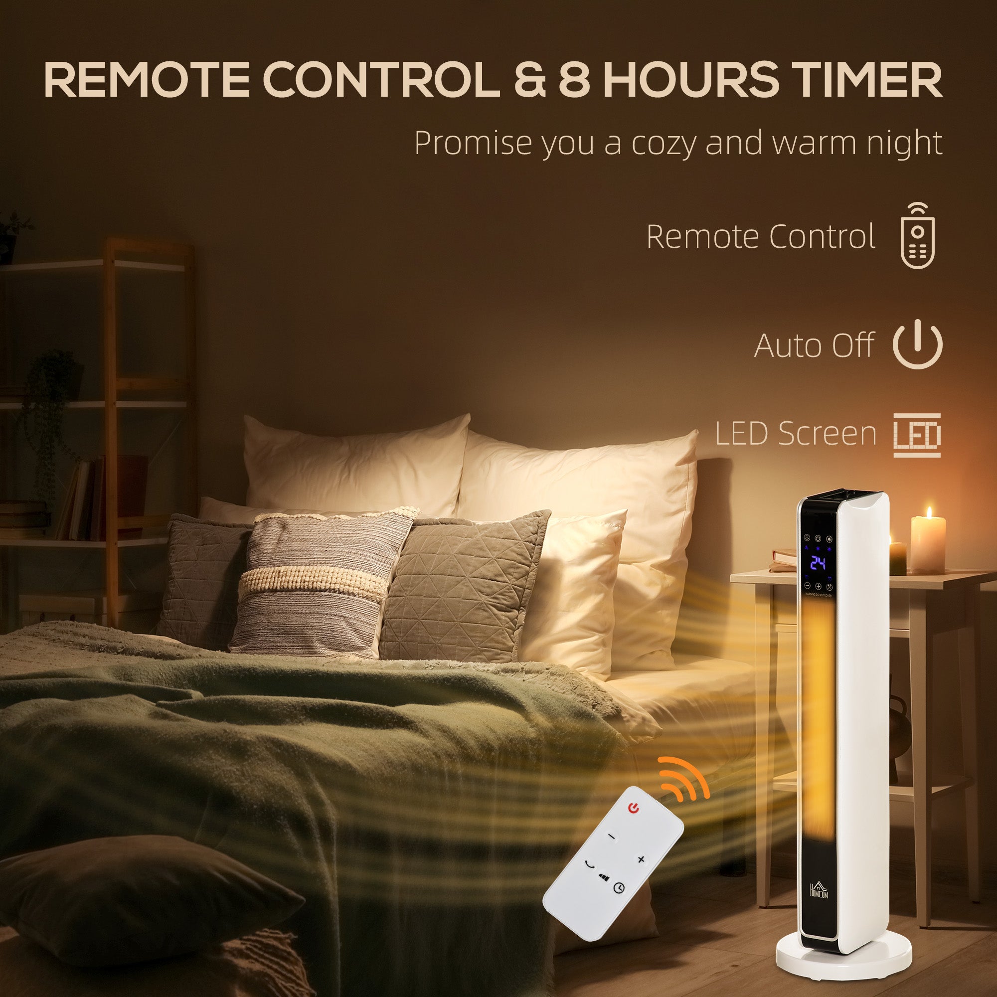 HOMCOM 1100W/2200W Space Heater with 65° Oscillation & 8-Hour Timer and Overheat & Tip Over Protection, Room Heater with 2 Heat and Fan for Bedroom, 29 inch