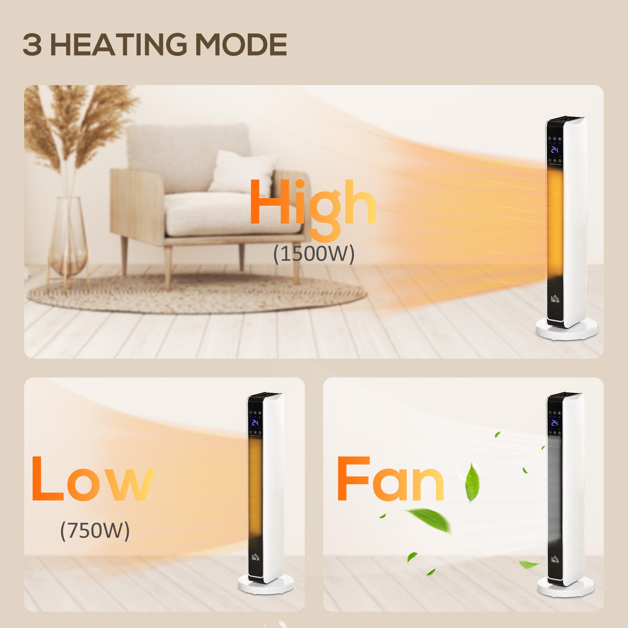 HOMCOM 1100W/2200W Space Heater with 65° Oscillation & 8-Hour Timer and Overheat & Tip Over Protection, Room Heater with 2 Heat and Fan for Bedroom, 29 inch