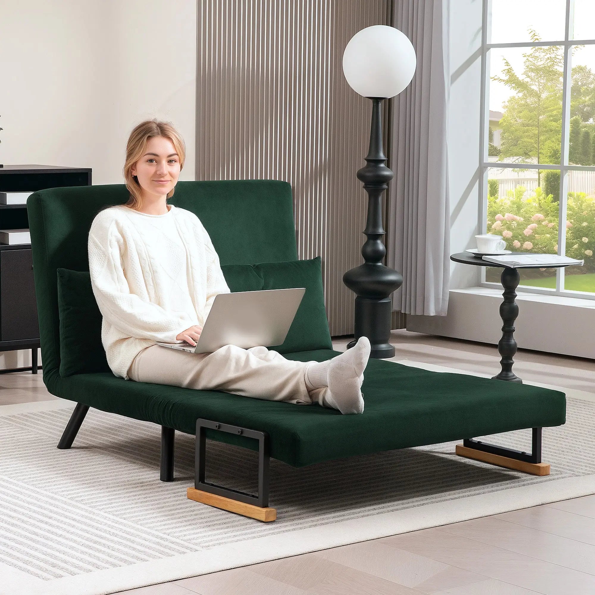 HOMCOM 4-in-1 Velvet-Feel Double Sofa Bed, with Pillows - Green
