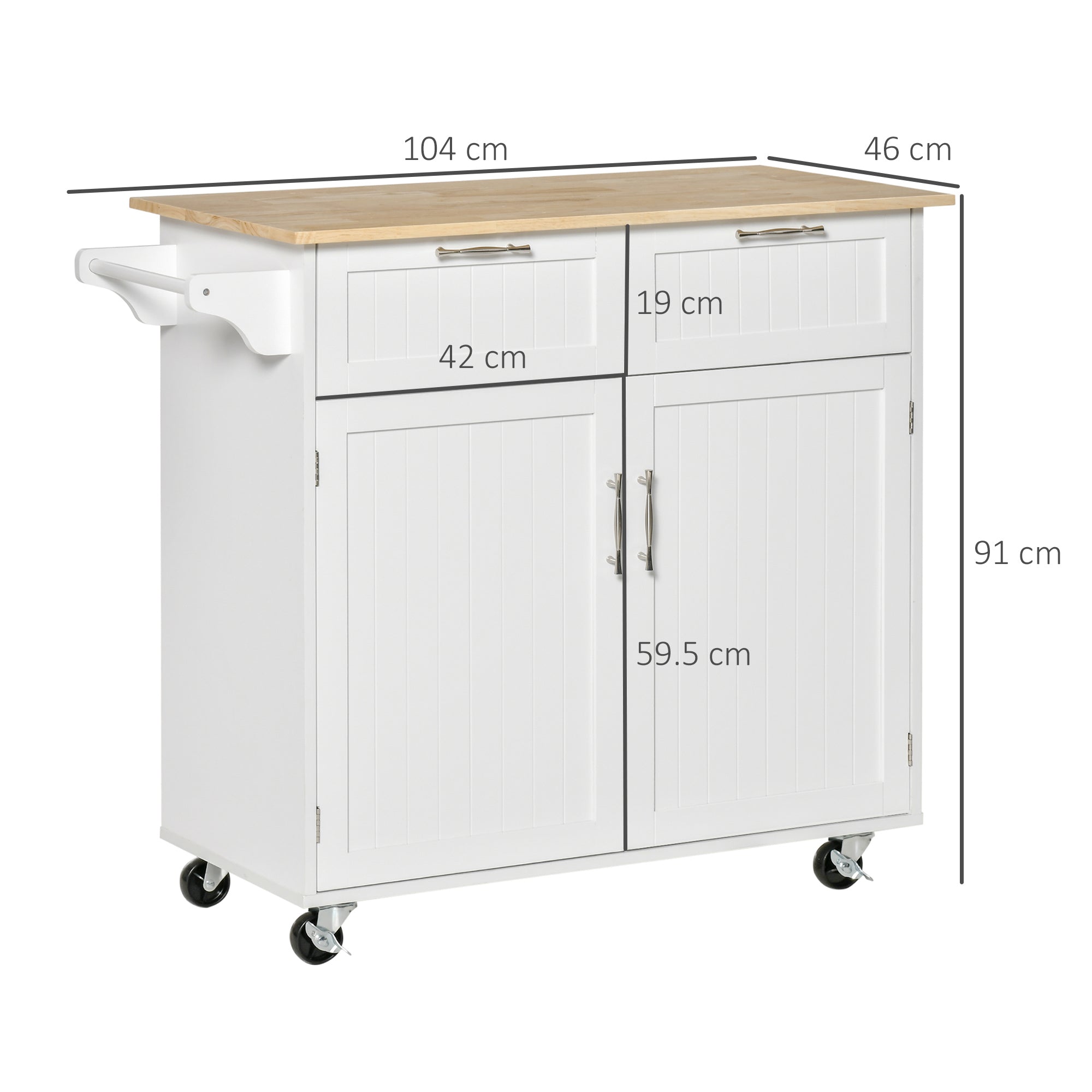 HOMCOM Kitchen Island Utility Cart, with 2 Storage Drawers & Cabinets for Dining Room, White