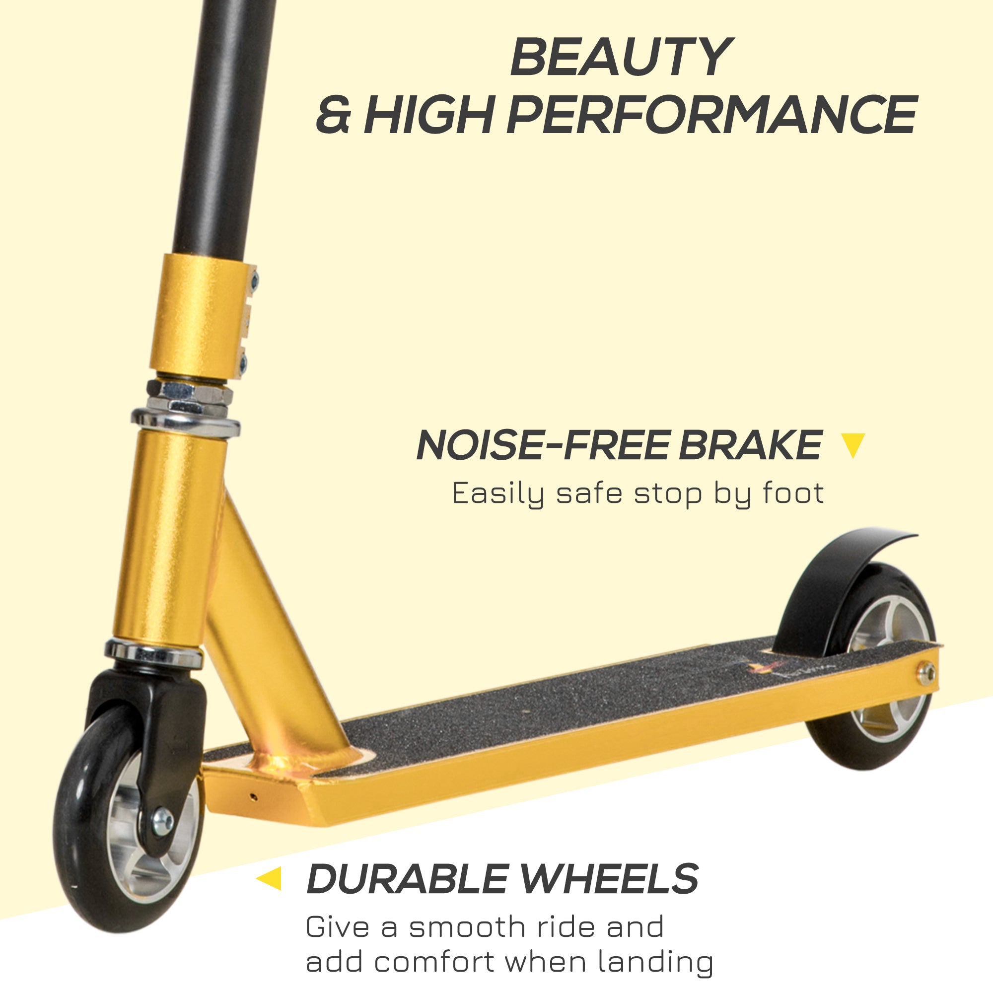 HOMCOM Stunt Scooter, 360° Entry Level Tricks Scooter w/ Lightweight Aluminium Deck and ABEC 7 Bearing, For Age 14+ Beginners, Gold Tone