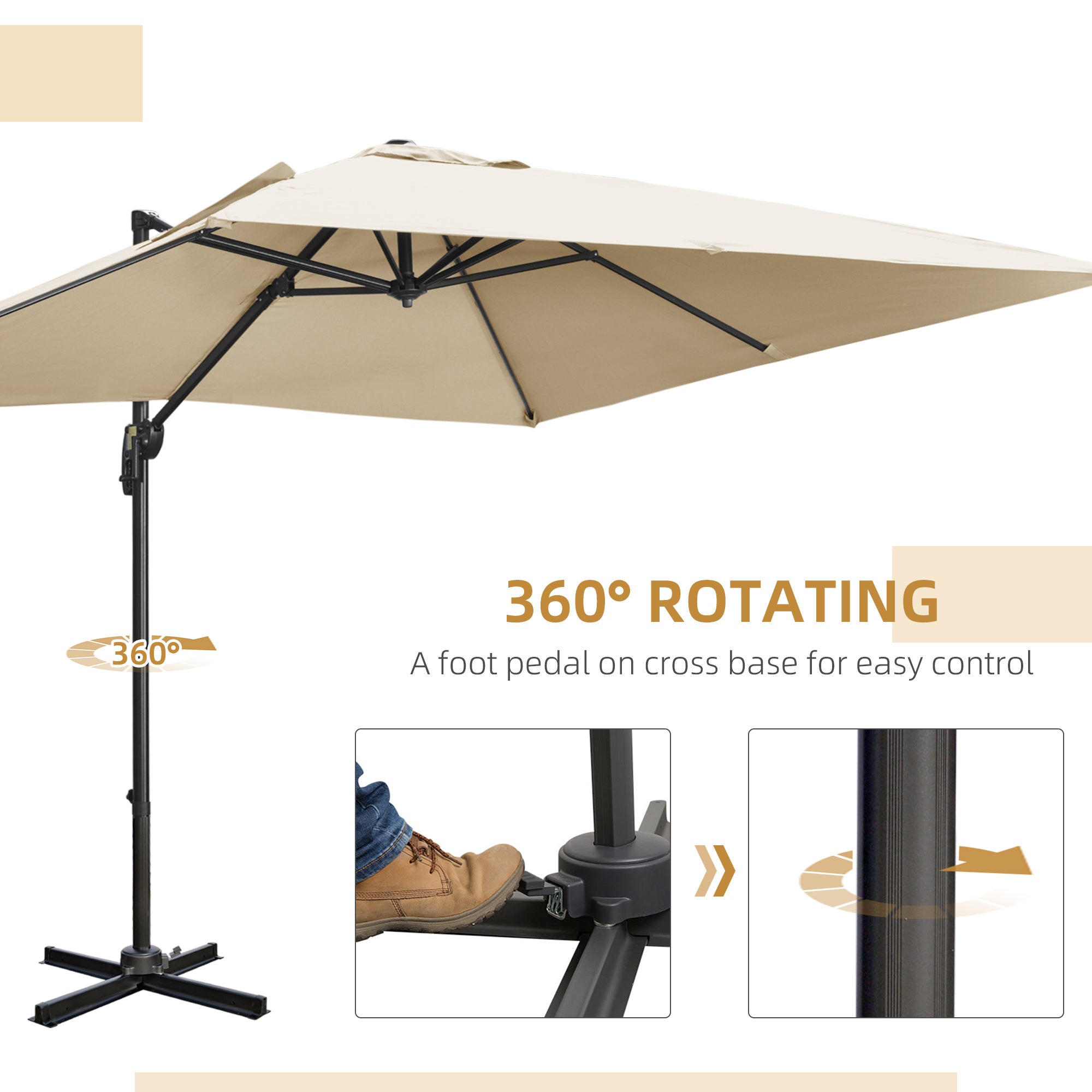 Outsunny 2.7 x 2.7 m Cantilever Parasol, Square Overhanging Umbrella with Cross Base, Crank Handle, Tilt, 360\'c2\'b0 Rotation and Aluminium Frame, Cream White