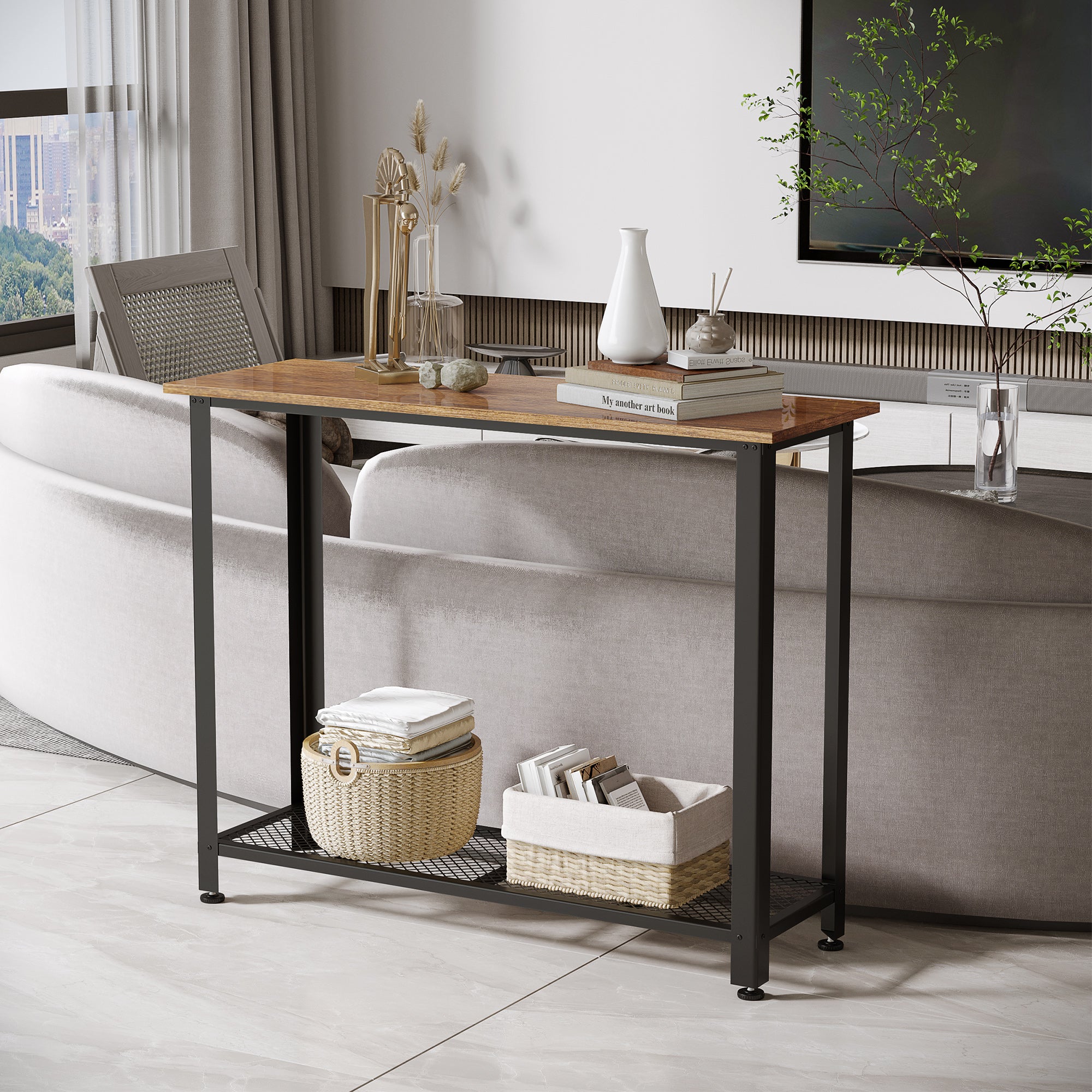 HOMCOM Industrial Console Table,Entryway Table w/Bottom Mesh Shelf Metal Frame Vintage Sofa Table for Hallway, Living Room, Rustic Brown