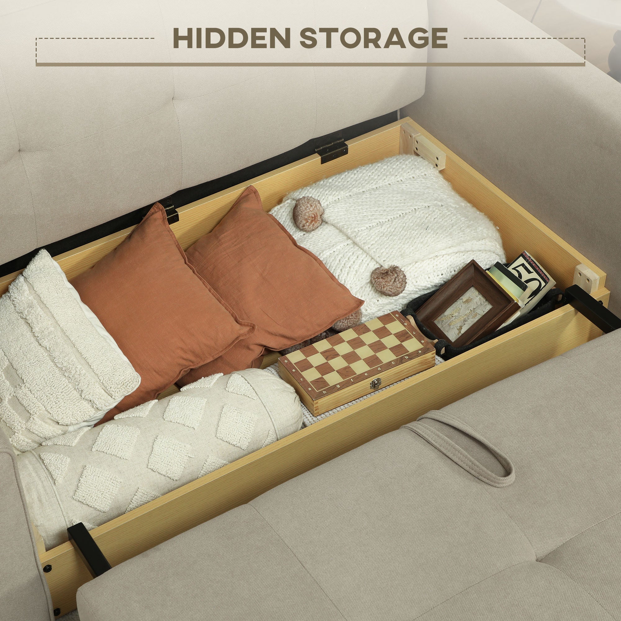 HOMCOM 2 Seater Sofa Bed, Convertible Bed Settee, Modern Fabric Loveseat Sofa Couch with 2 Cushions, Hidden Storage for Living Room, Guest Room, Light Brown