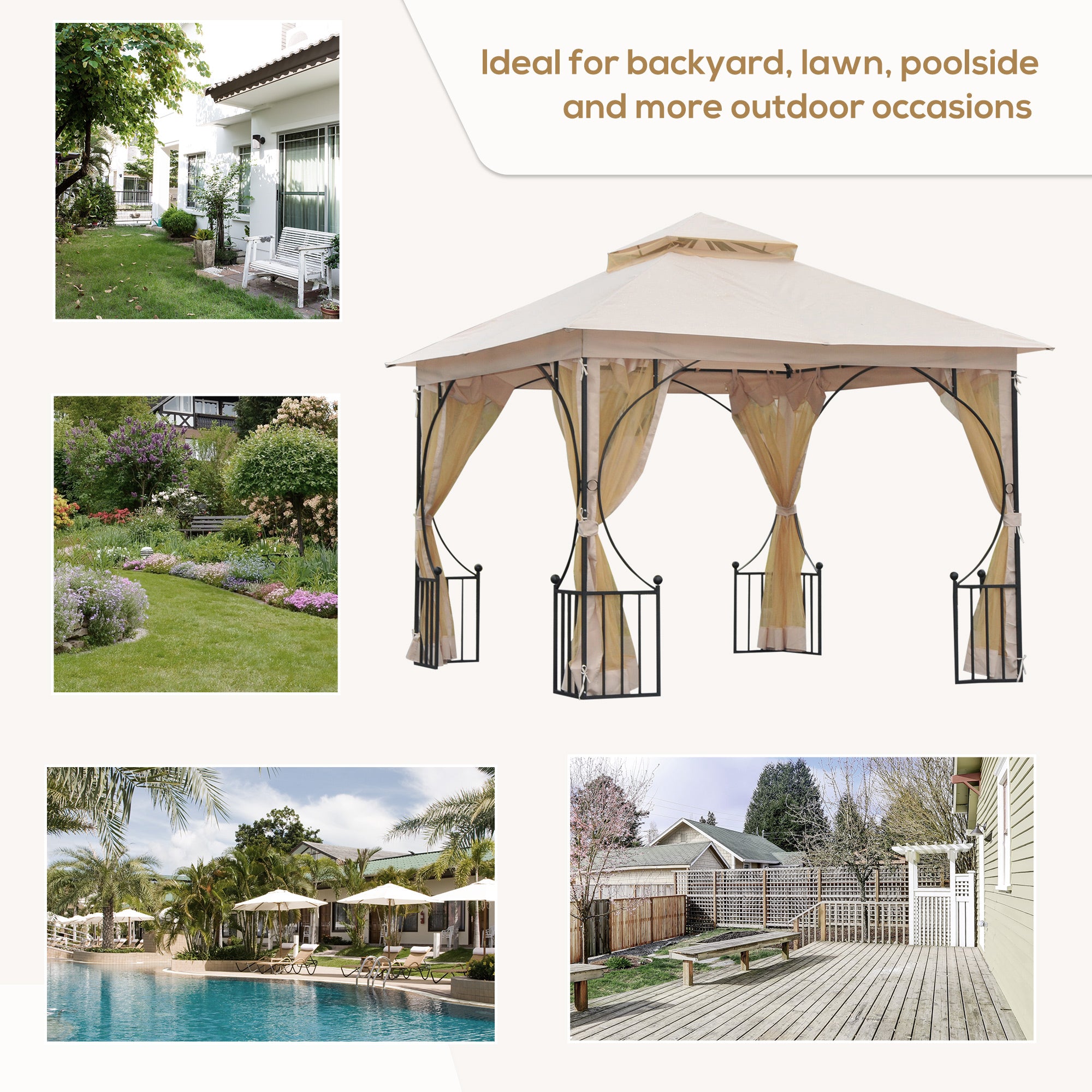 Outsunny 3 x 3(m) Garden Gazebo Patio Party Tent Shelter Outdoor Canopy Double Tier Sun Shade Metal Frame Netting, Beige