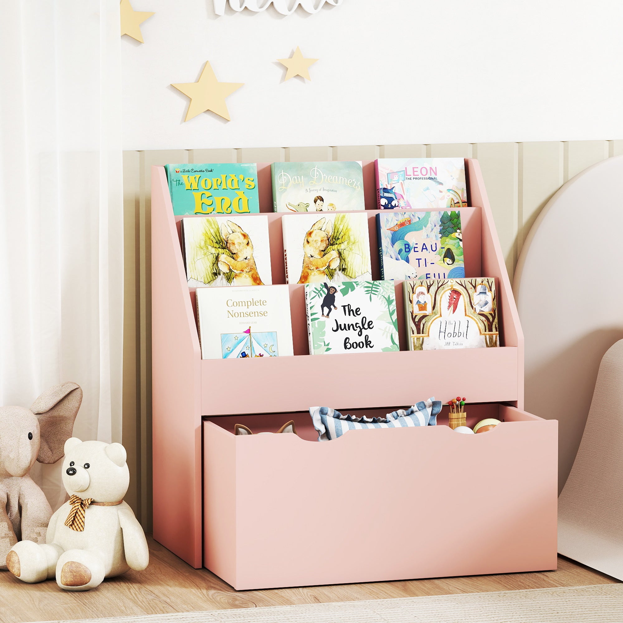 AIYAPLAY Bookcase for Kids with Shelves, Drawer, Bookcase for Bedroom, Playroom, Pink