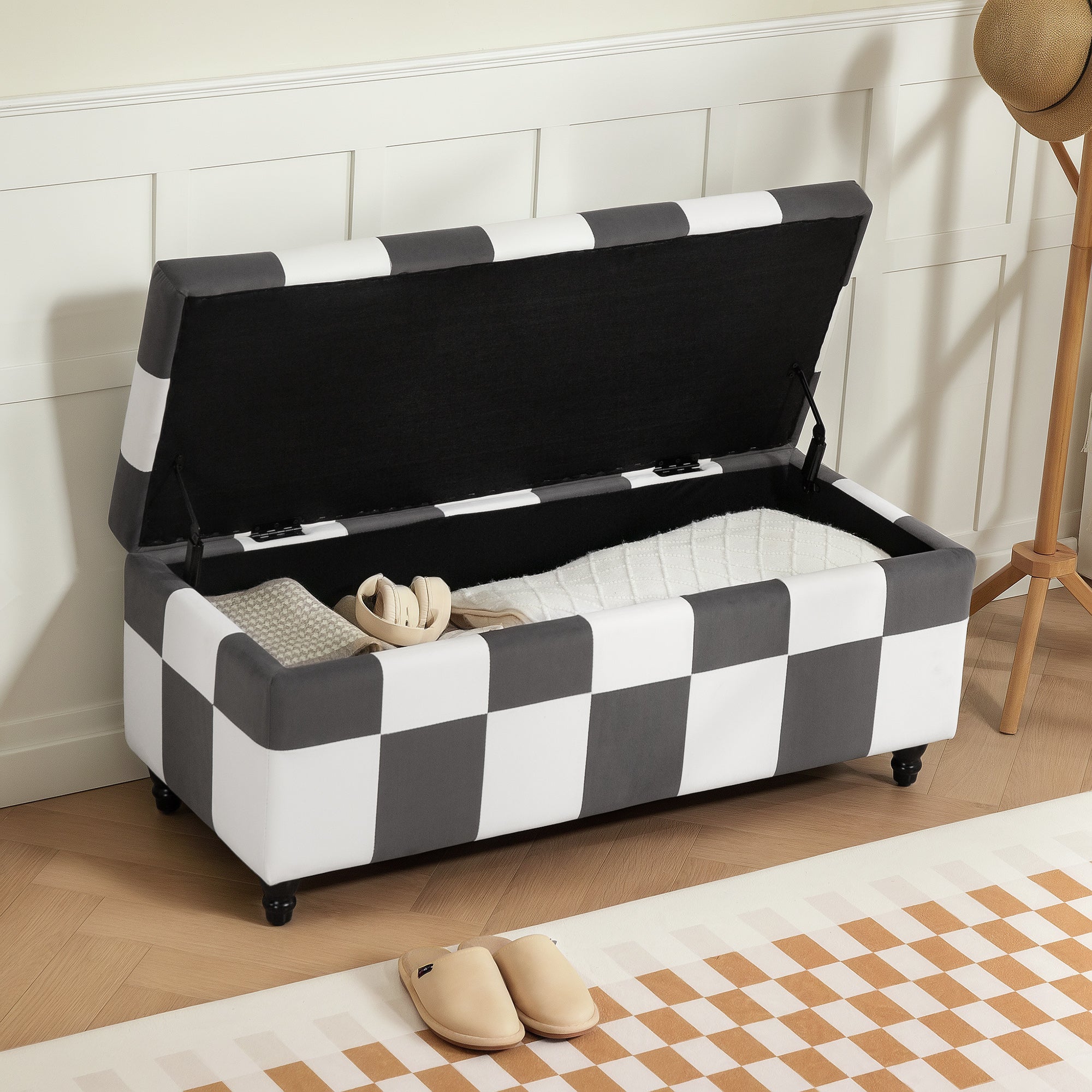 HOMCOM 114 x 47 x 47cm Velvet Storage Ottoman, Button-tufted Footstool Box, Toy Chest with Lid for Living Room, Bedroom, Dark Grey and White