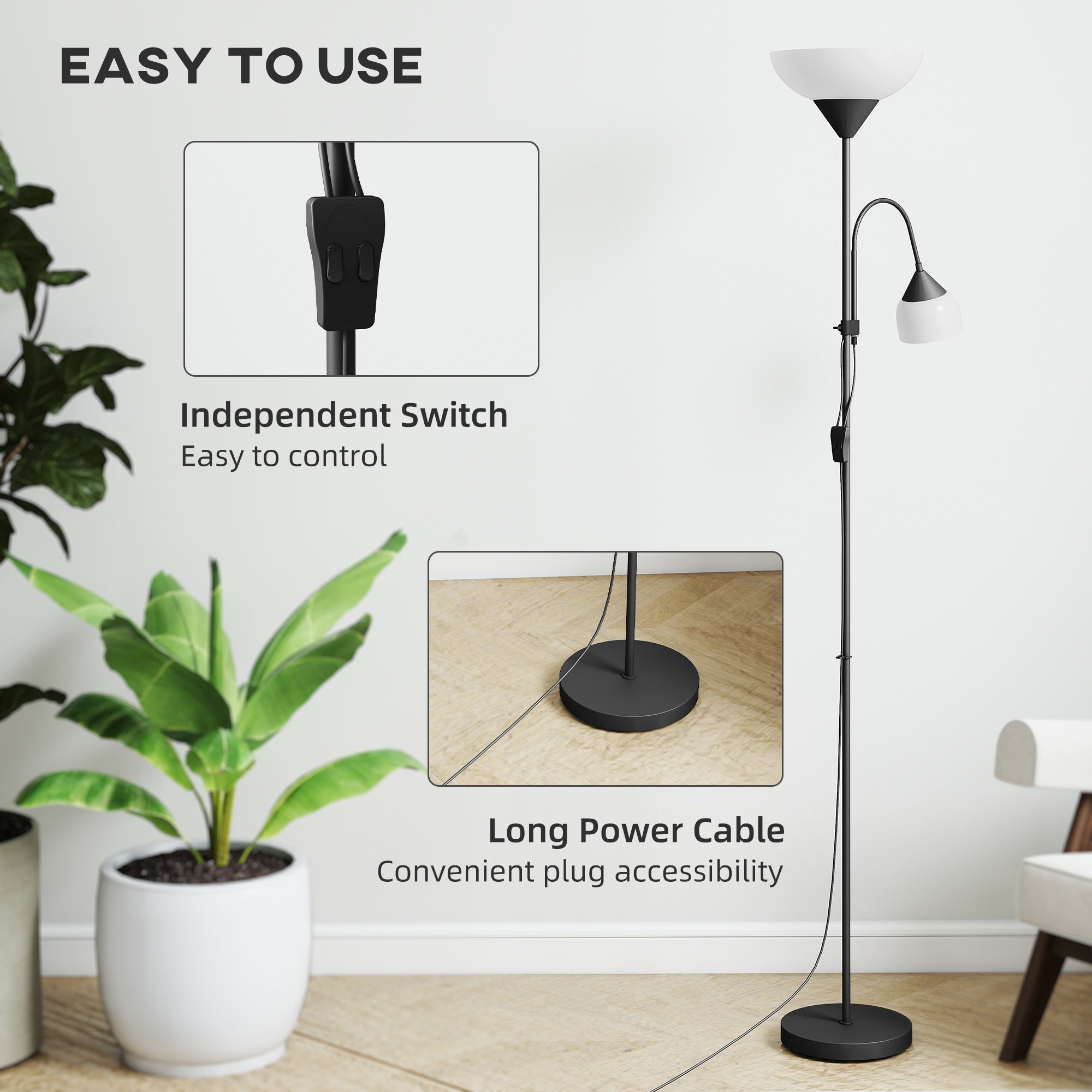 HOMCOM LED Floor Lamp for Living Room, 180cm Tall Standing Lamp, Mother and Child Uplighter with Adjustable Gooseneck, Black