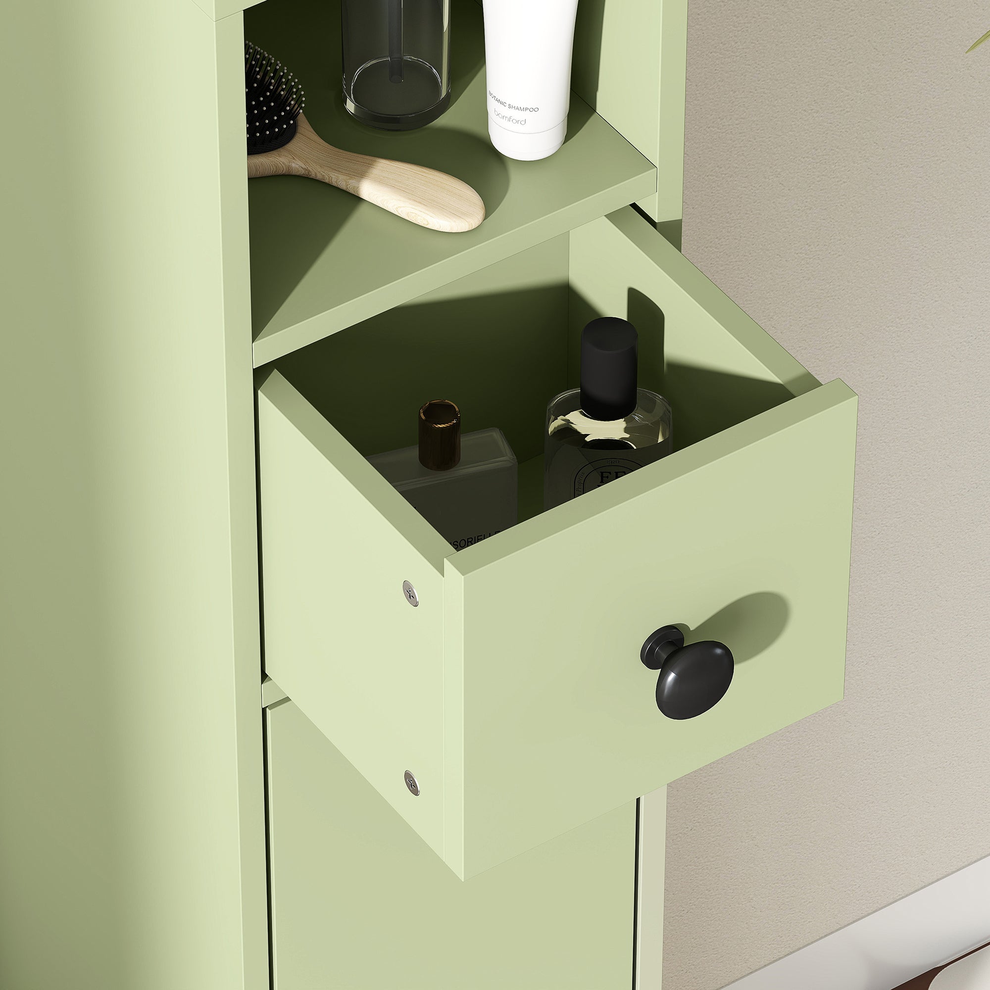kleankin 180cm Slim Bathroom Cabinet, with Drawer, Shelves and Cupboards - Green
