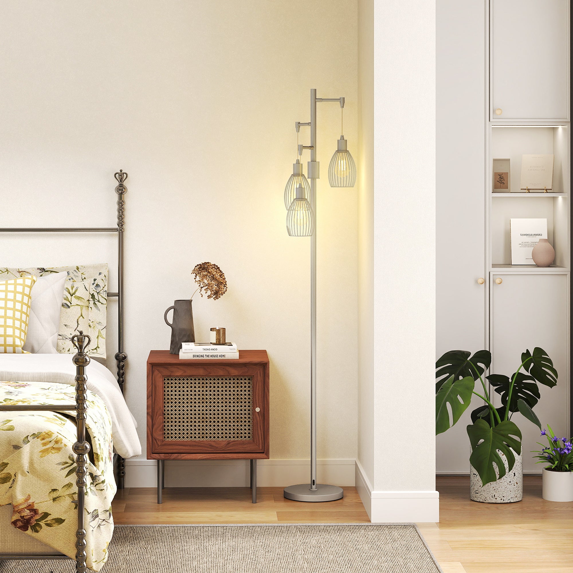 HOMCOM 3-Light Floor Lamp, 170cm Industrial Dimmable Standing Lamp with Steel Wire Cage Lampshades for Living Room, Bedroom, Dining Room, Study, Silver Tone