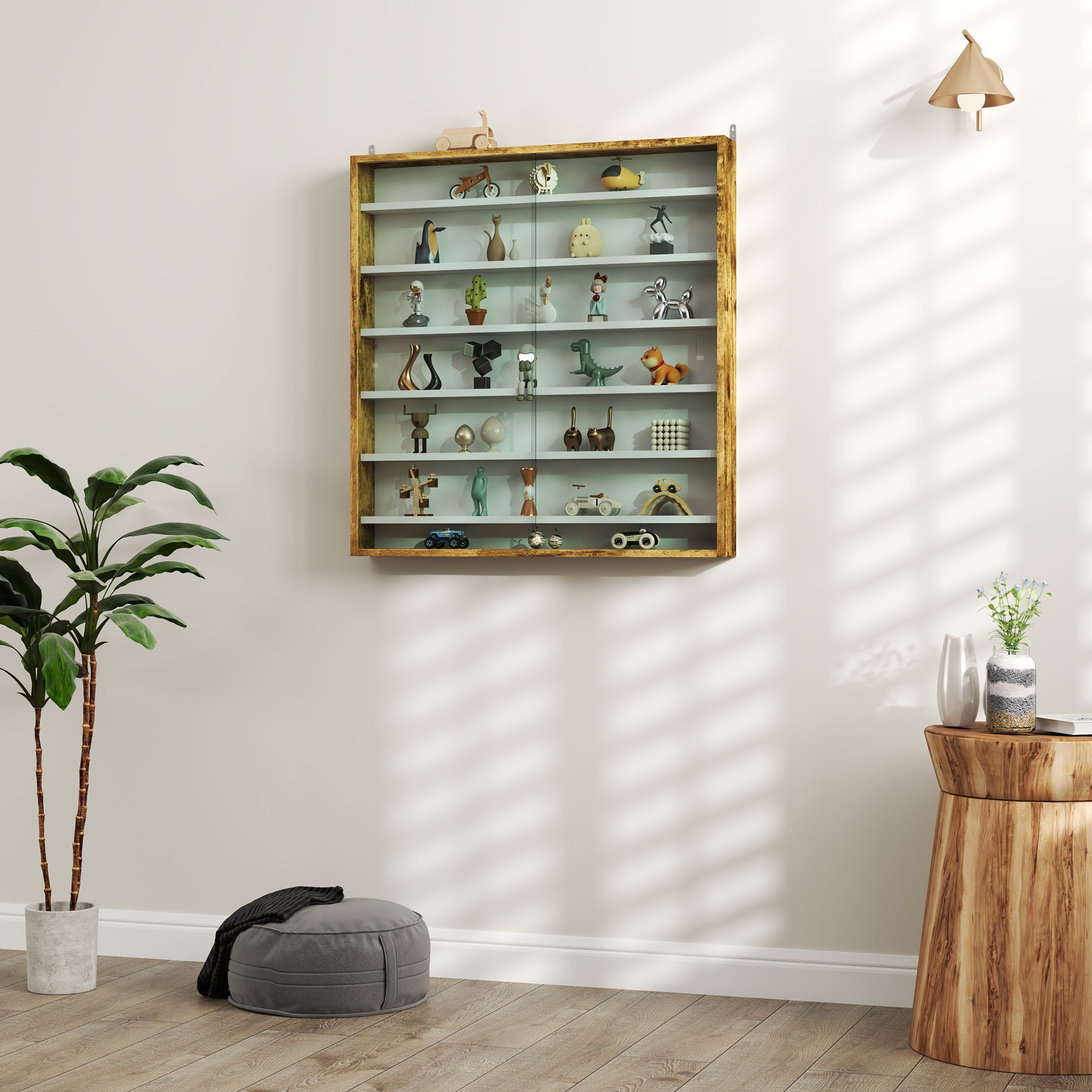 HOMCOM 7-Tier Wall Display Shelf Unit Cabinet w/ 6 Adjustable Shelves Glass Doors Home Office Ornaments 83x80cm, Oak