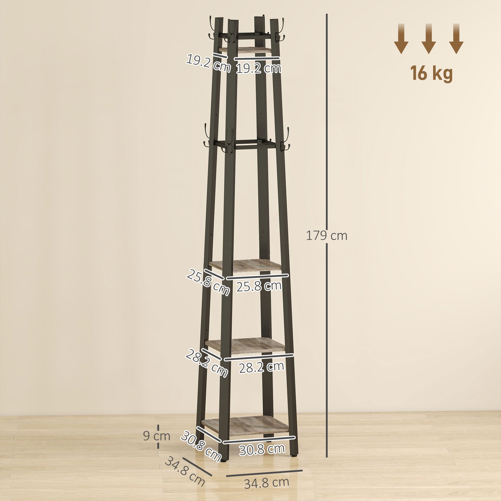 HOMCOM Industrial-Style Four Shelf Coat Stand - Grey/Black