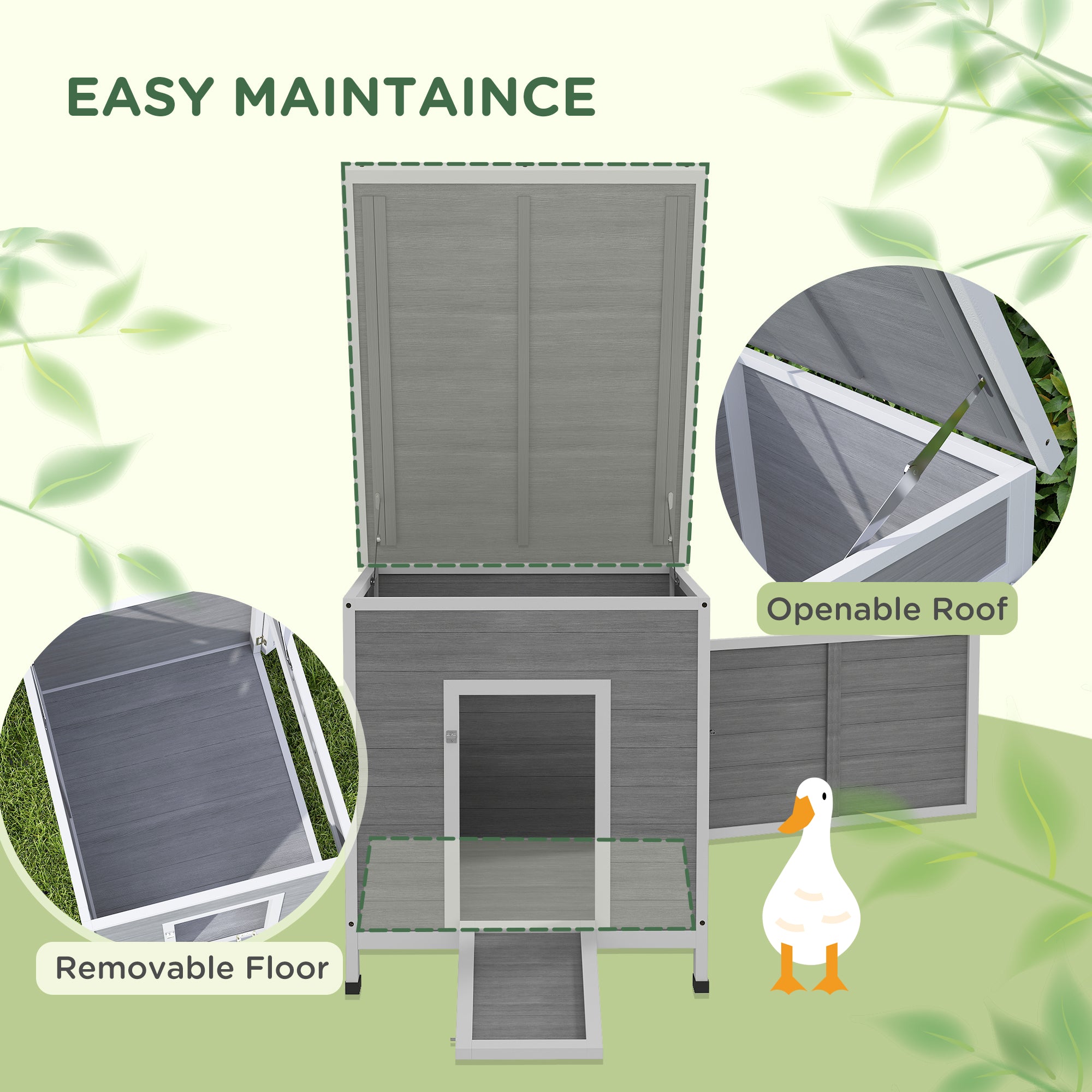 PawHut Wooden Duck House with Ramp, Double Doors, Openable Asphalt Roof, Ventilation Holes, Removable Base, Light Grey