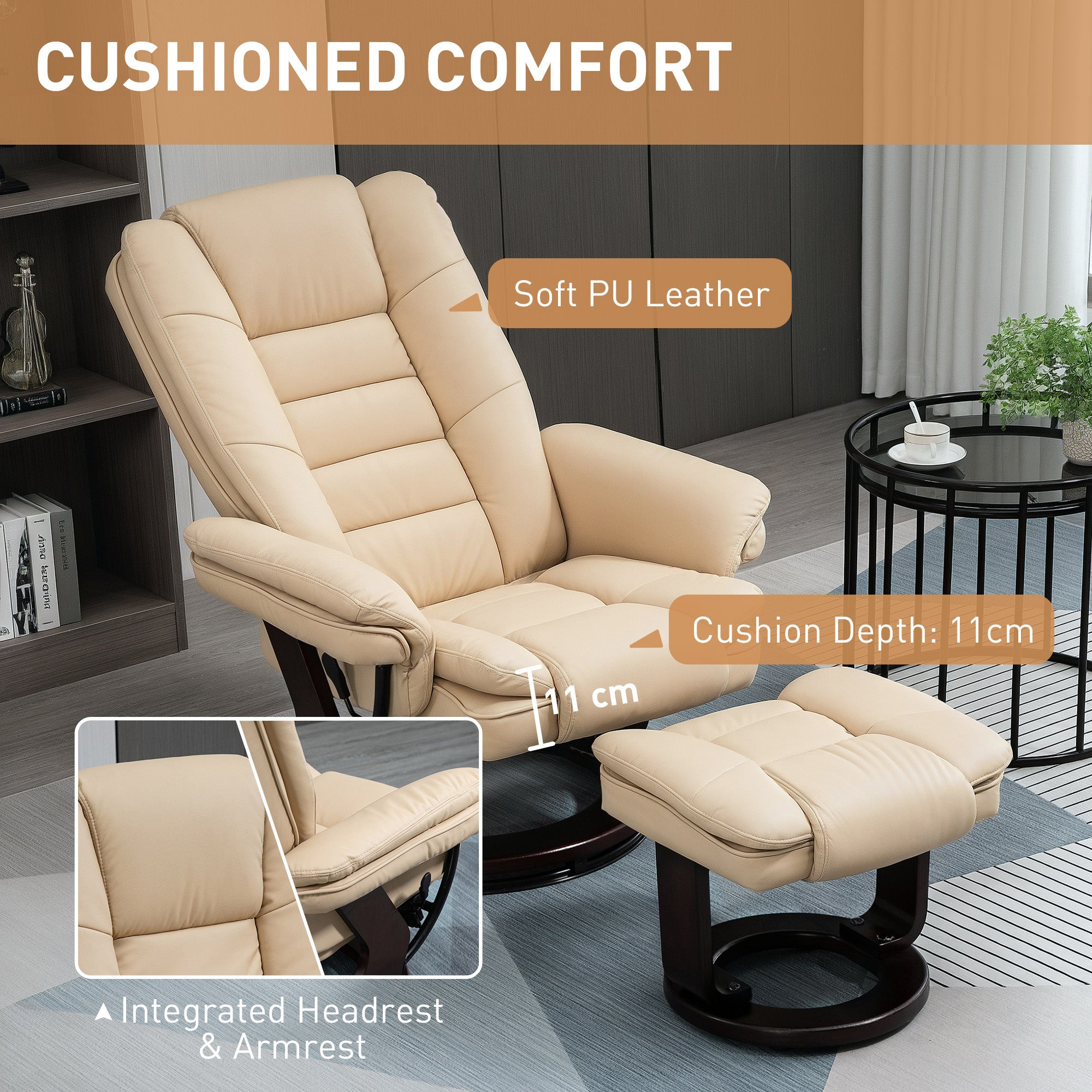 HOMCOM Faux Leather 135\'c2\'b0 Reclining Chair and Footstool - Beige