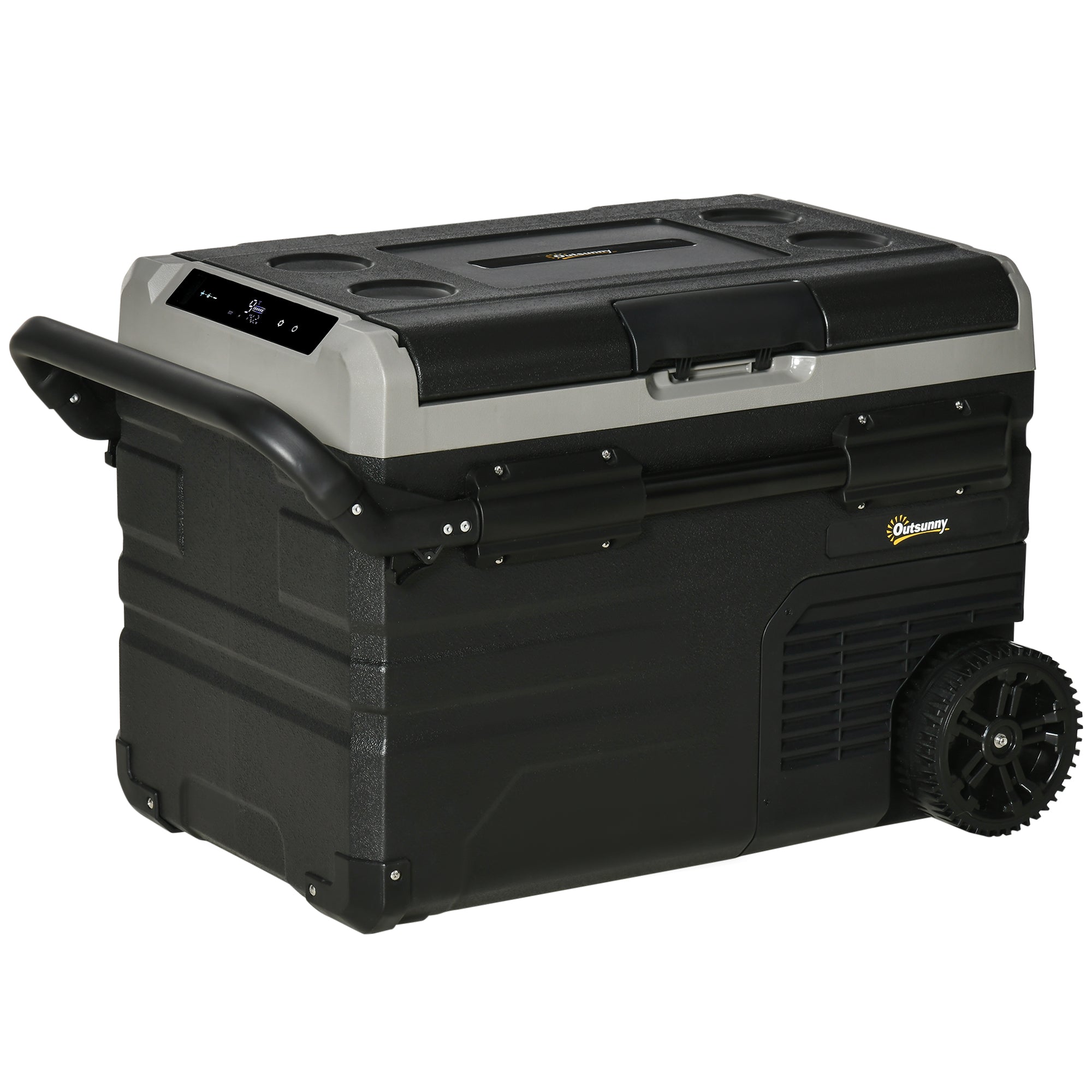 Outsunny 40L Car Refrigerator, Portable Compressor Cooler Box, Fridge Freezer w/ Inner LED Light, Foldable Handles, Cup Holders, 12/24V DC and 110-240V AC for Campervan RV Boat Travel Down to -20\'e2\'84\'83