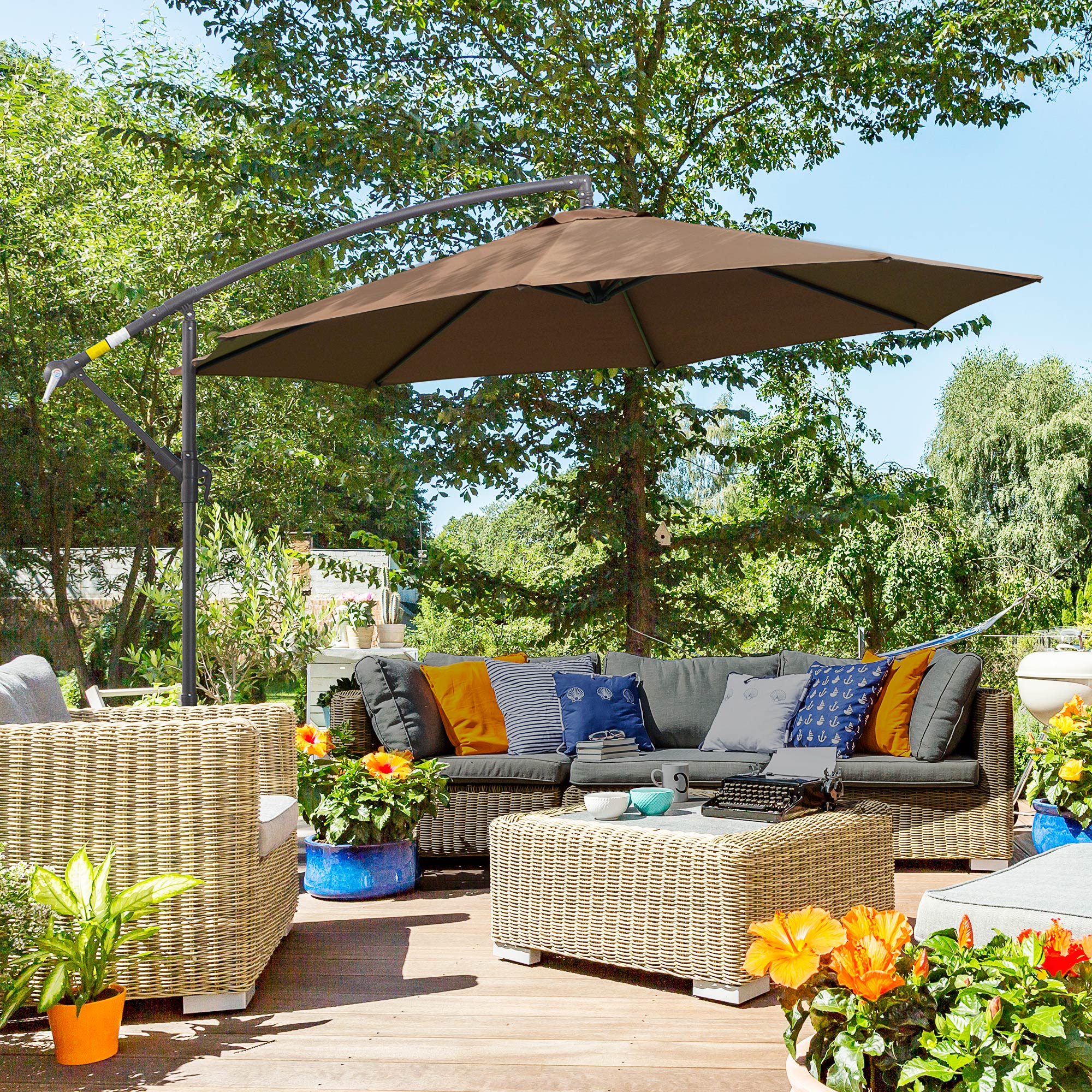 Outsunny 2.45m Overhanging Cantilever Parasol, with Cross Base - Brown