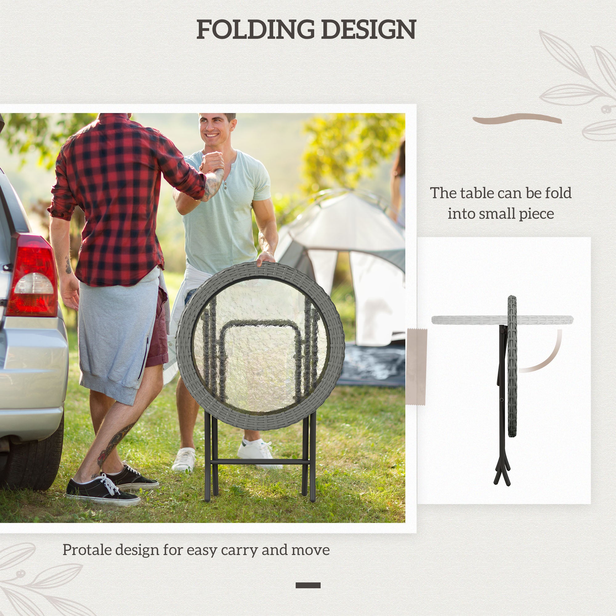 Outsunny Folding Round Tempered Glass Garden Table with Grey Rattan Edging