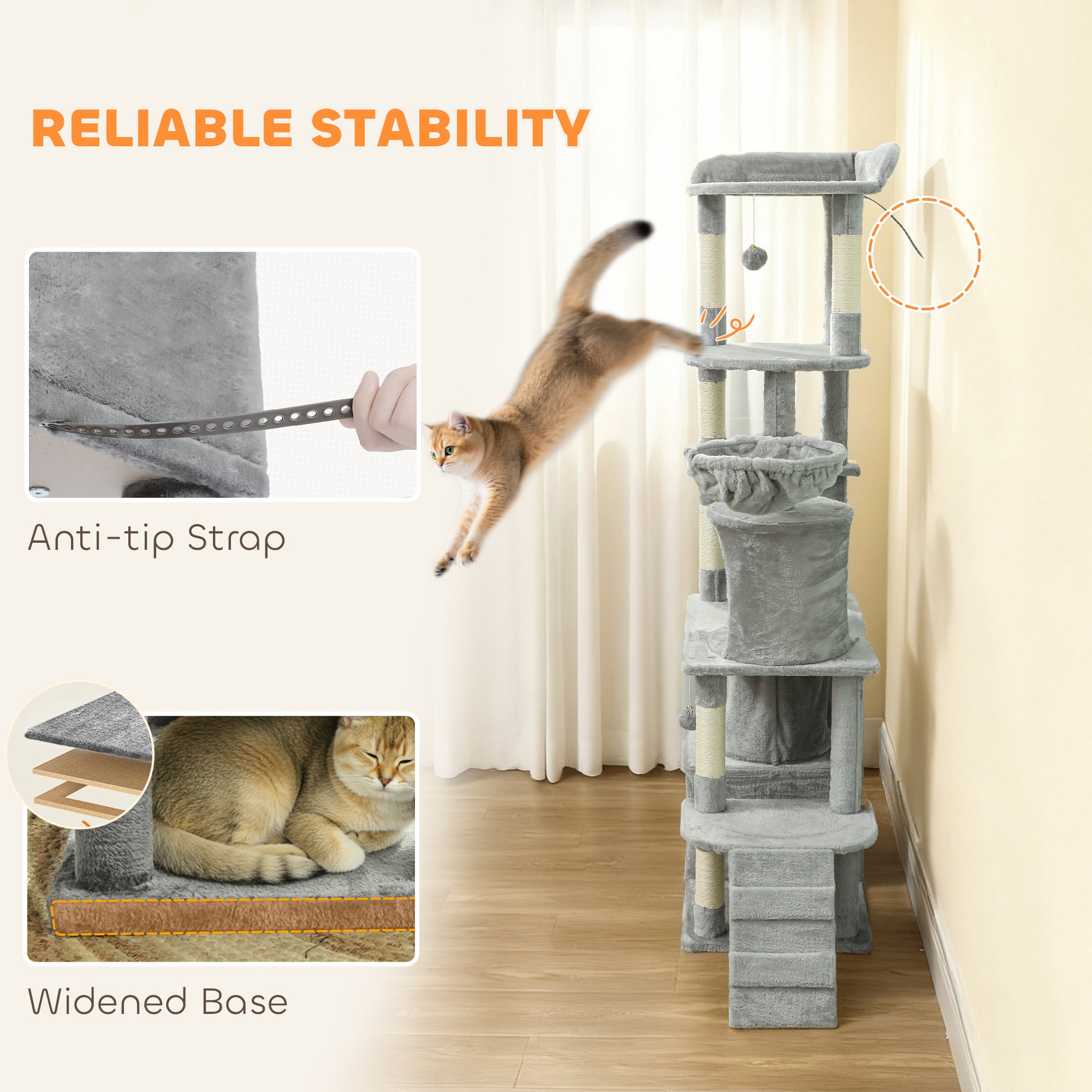PawHut 170 cm Large Cat Tree, Cat Tower with 7 Scratching Posts, 2 Condos, Hammock, Light Grey