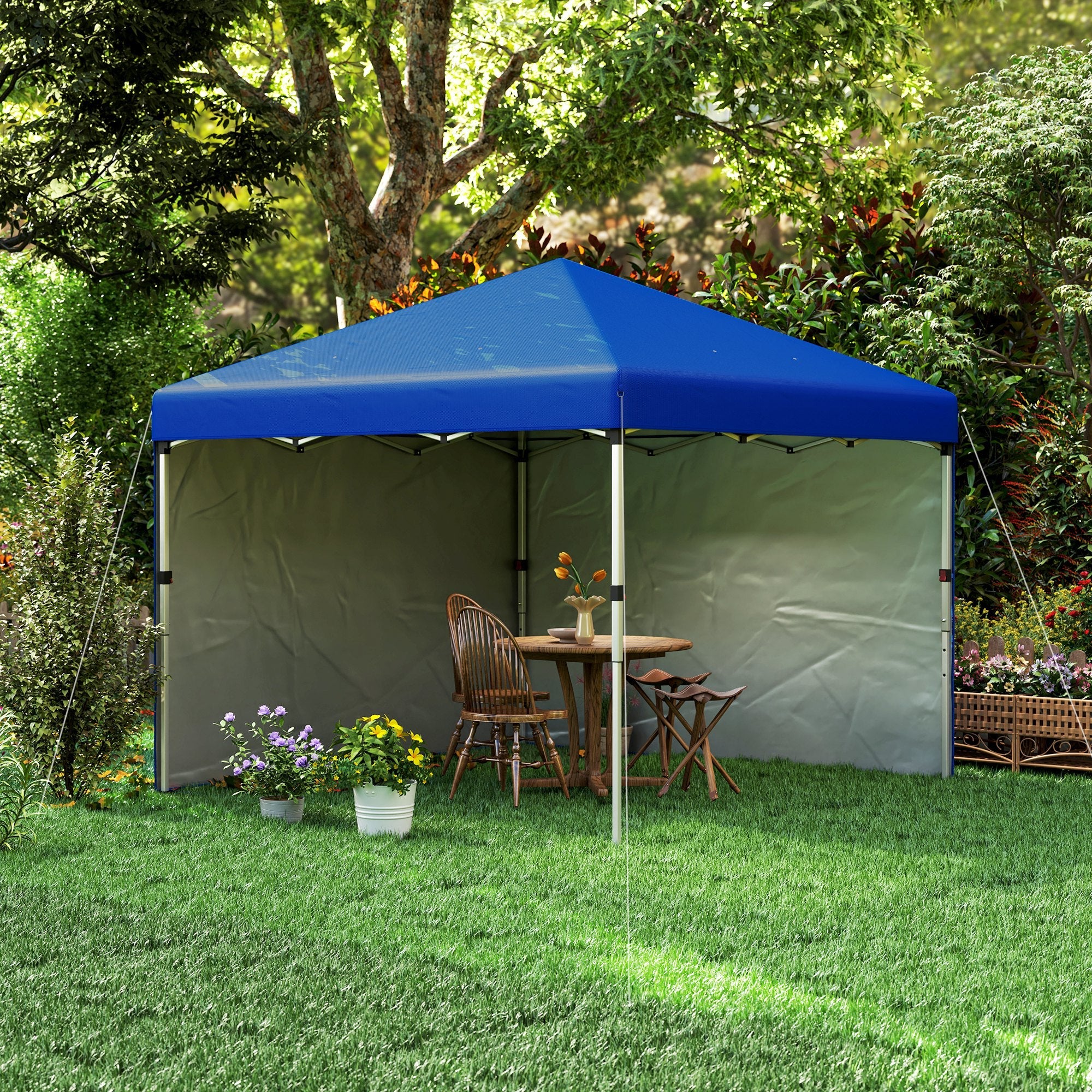Outsunny 3 x 3 (M) Pop Up Gazebo, UPF 30+ with 2 Sidewalls, Leg Weight Bags and Wheeled Bag, Height Adjustable Party Tent Event Shelter for Garden, Patio, Blue