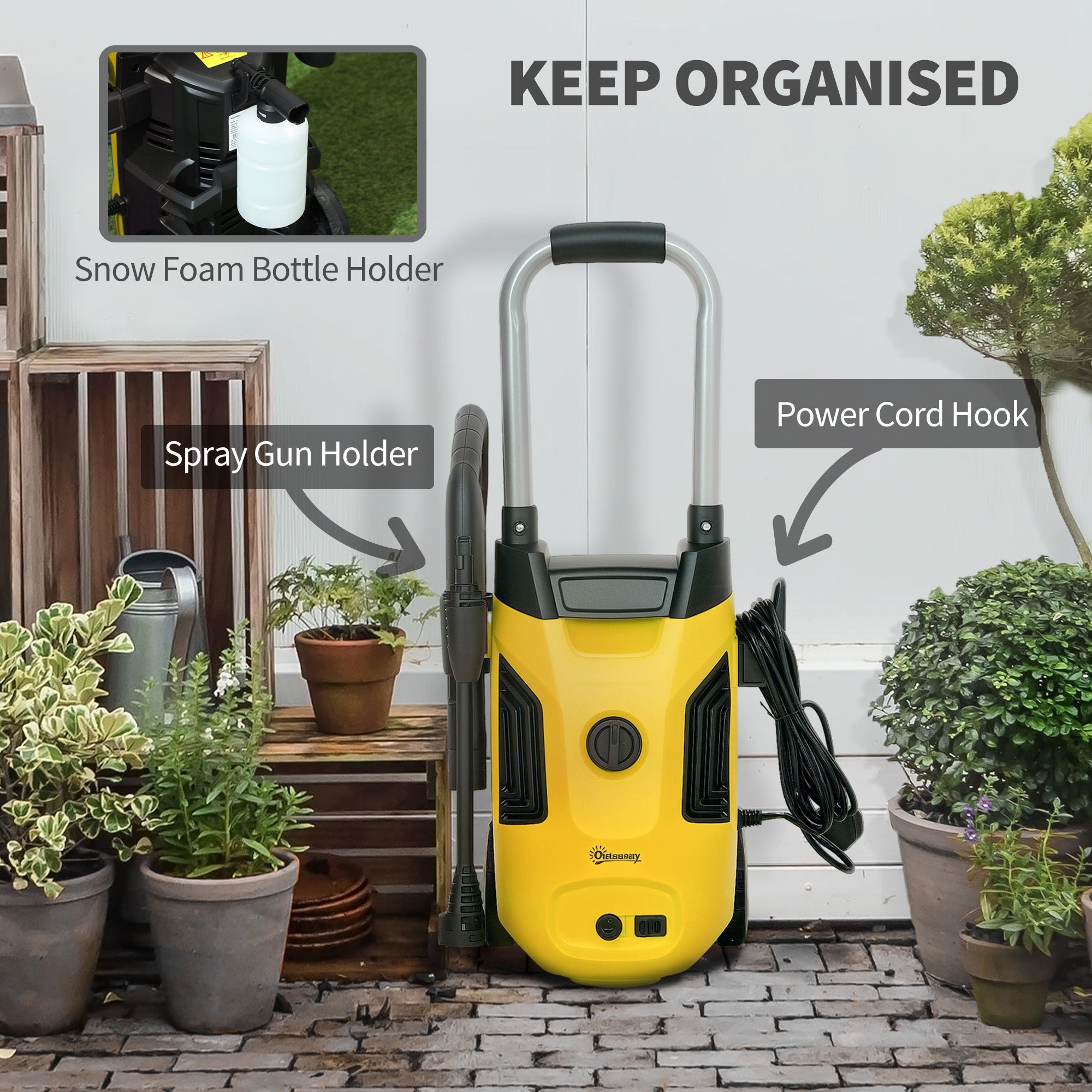 Outsunny 1800W High Pressure Washer, 150 Bar Pressure, 420 L/h Flow, Portable Electric Power Washer Jet Wash Cleaner with Adjustable Nozzle, 6M Hose, Steel Handle for Home Patio Car Driveway, Yellow