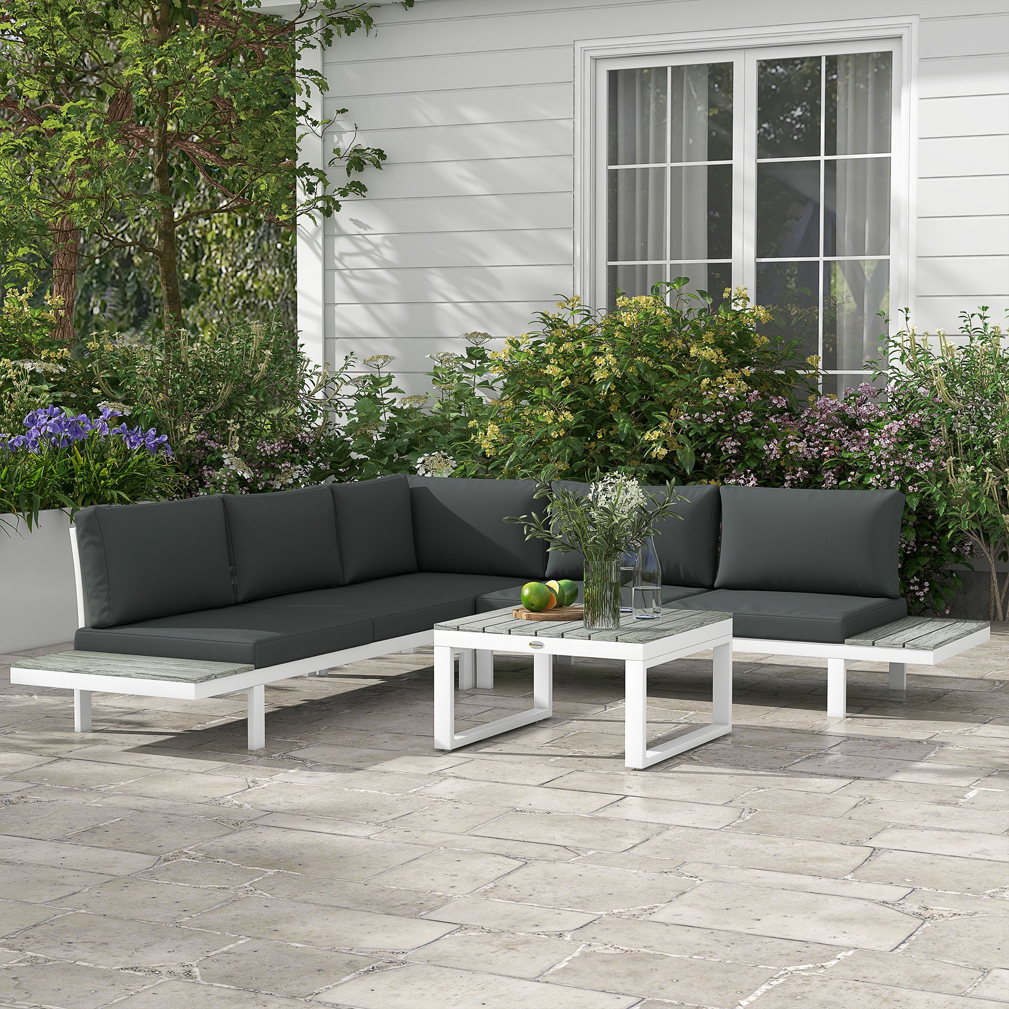 Outsunny 4 Pieces Patio Garden Set with 5-Level Recline Corner Sofa, Outdoor Garden Lounge Sectional Conversation Sofa Set with Cushions, Wood Grain Plastic Table, White  Frame Grey Cushion