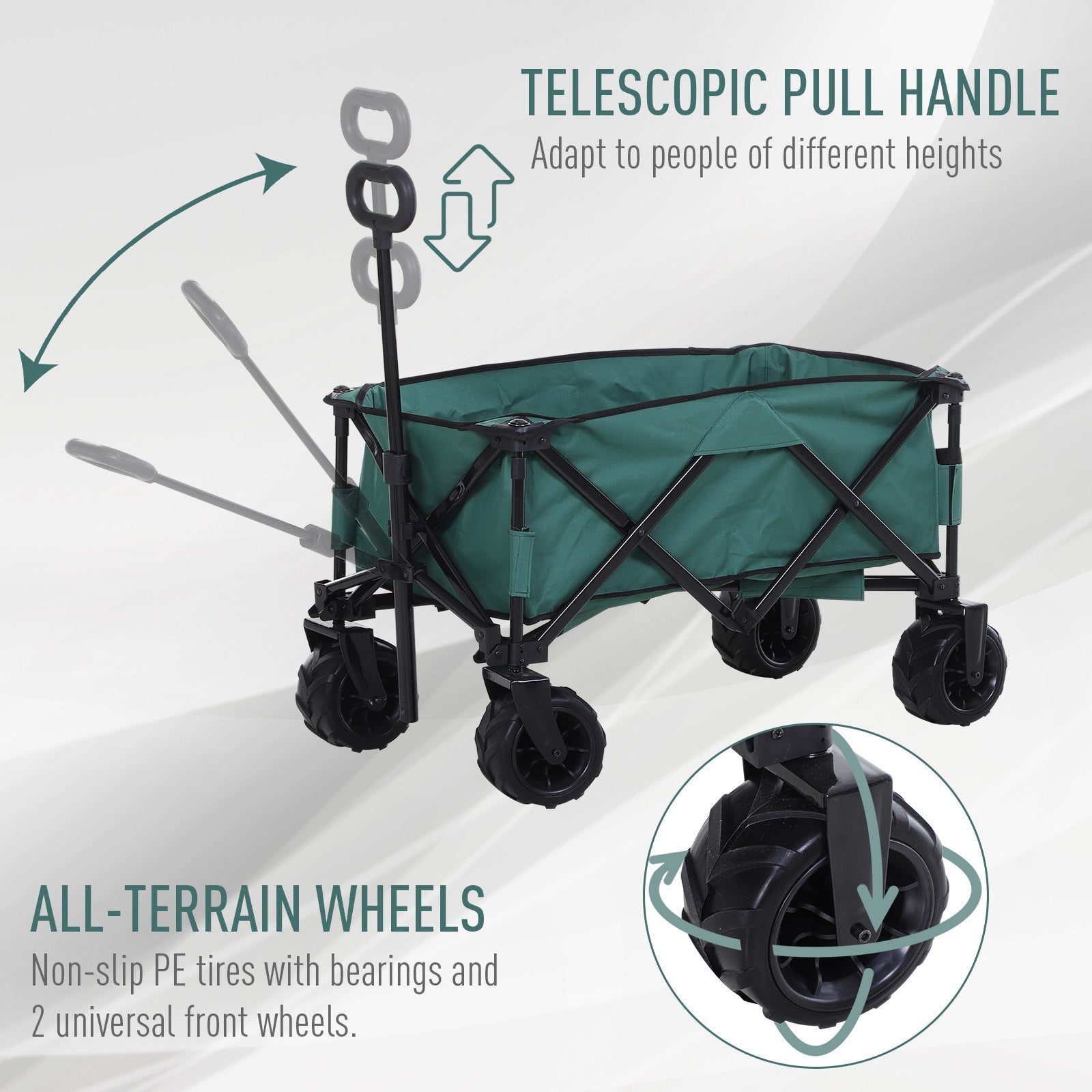 Outsunny 140L Folding Garden Trolley Cart, Festival Trolley on Wheels with Telescopic Handle, Big Wheels for Outdoor Camping Beach, Green