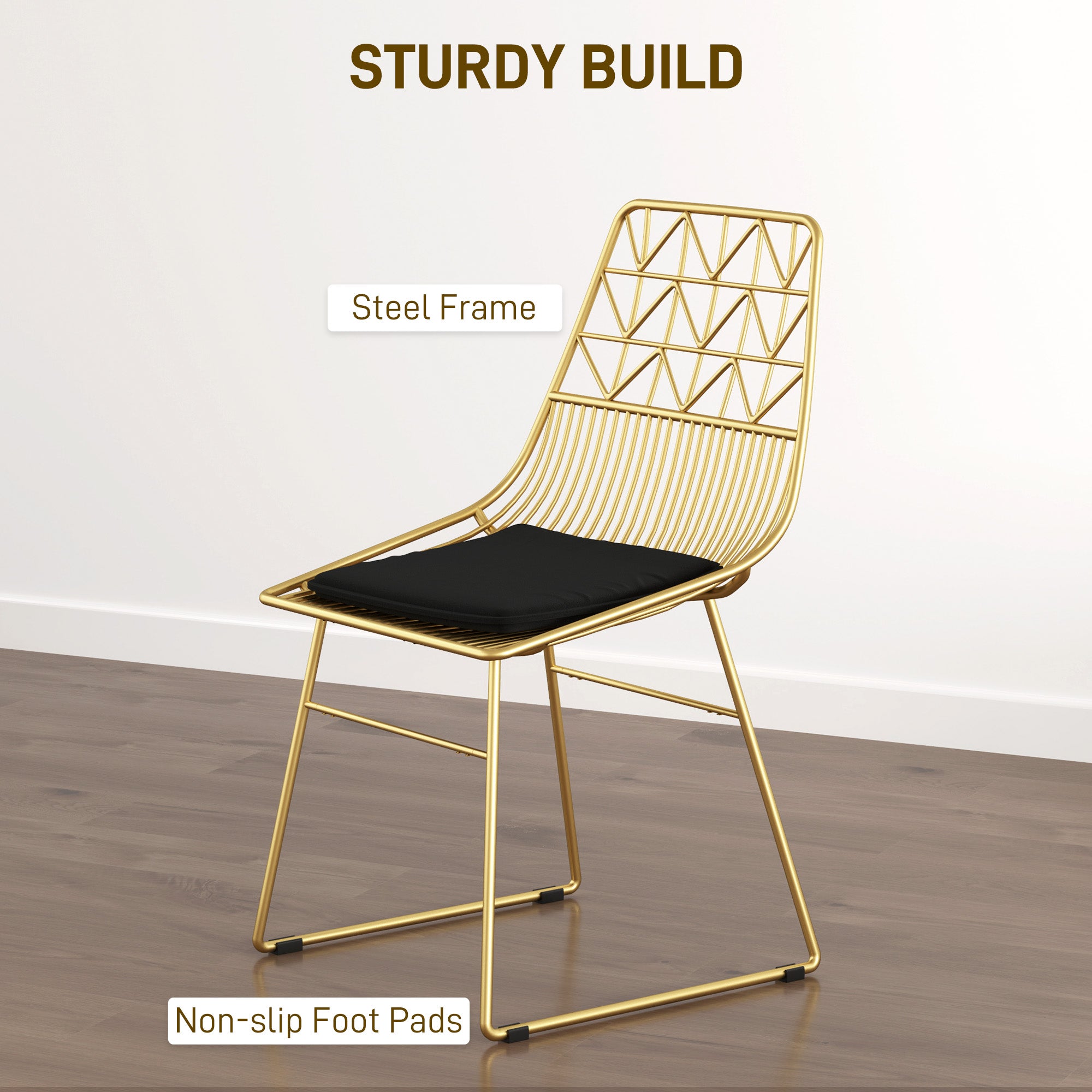 HOMCOM Luxurious Dining Chairs Set of 4, Metal Wire Kitchen Chair with Removable Velvet-feel Cushion, Cut-out Back and Steel Frame for Dining Room, Gold Tone