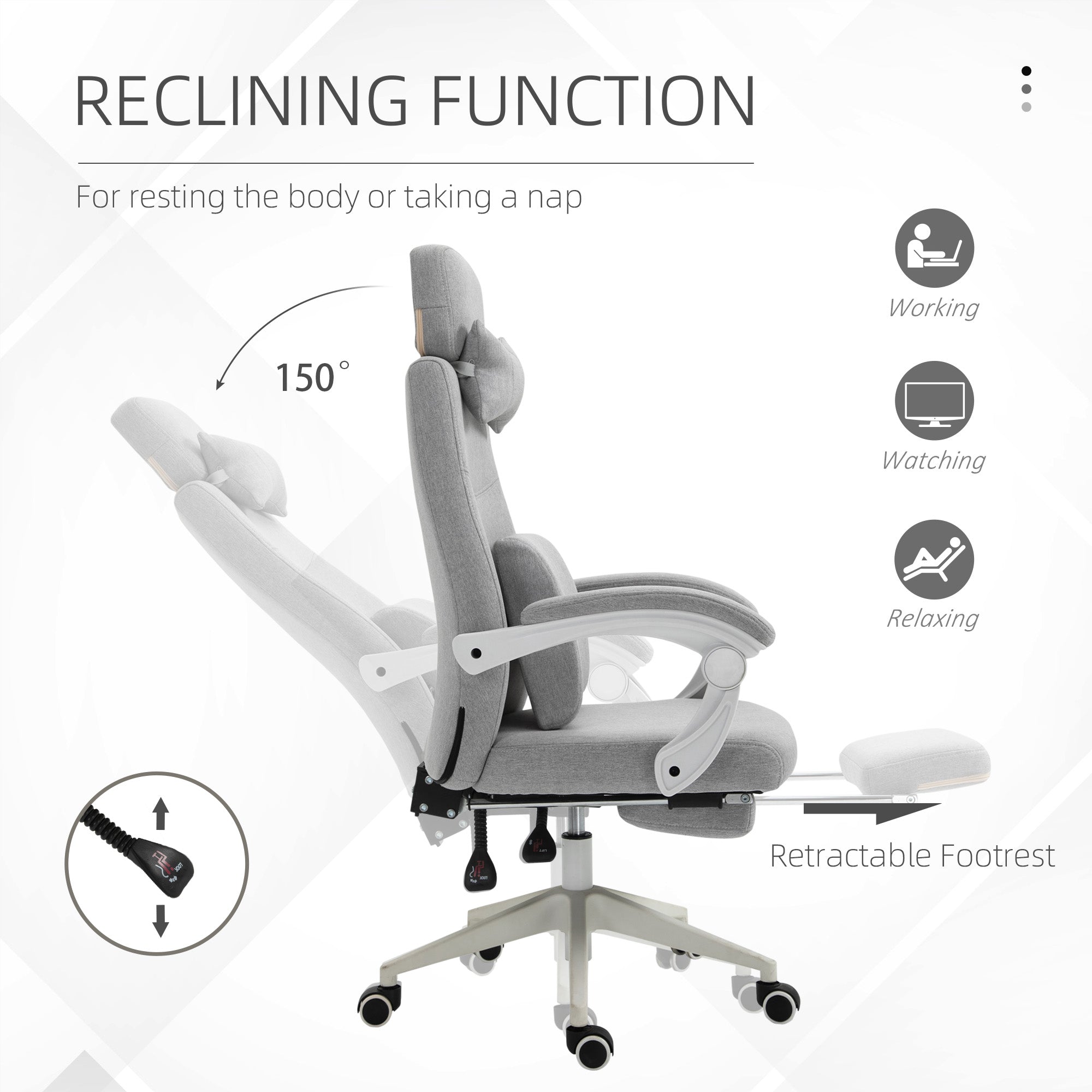 Vinsetto Office Chair, Ergonomic Desk Chair, High Back Fabric Work Chair with 160\'c2\'b0 Reclining Backrest, Retractable Footrest, Neck and Lumbar Pillow for Home and Study, Grey
