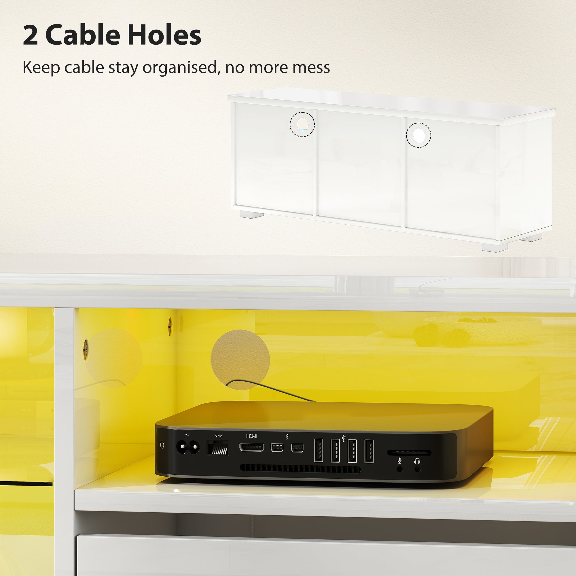 HOMCOM TV Stand Cabinet with LED Lights - High Gloss White